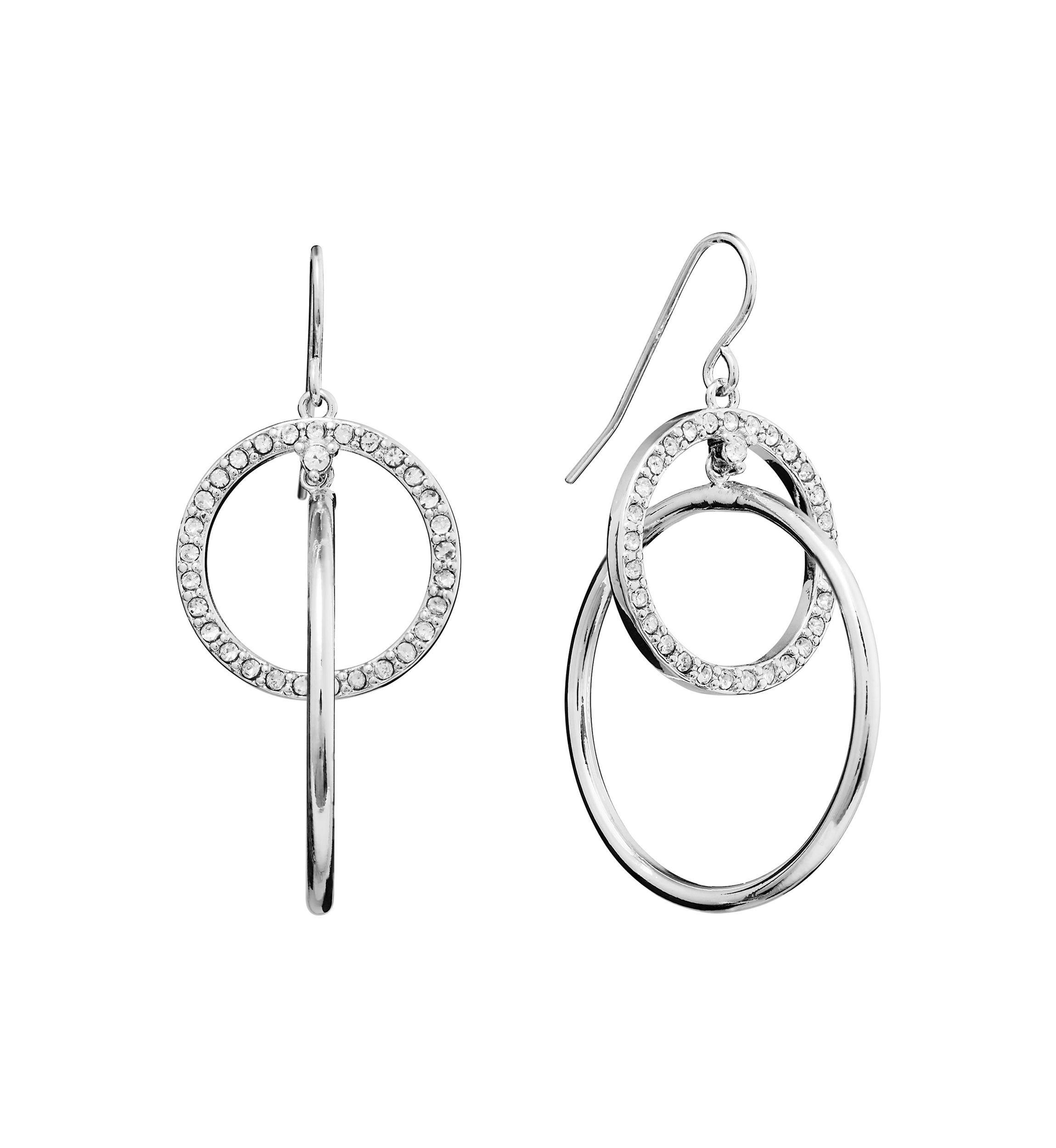 Silver Plated High Polished and Crystal Pavé Interlocking Circle Drop Earrings