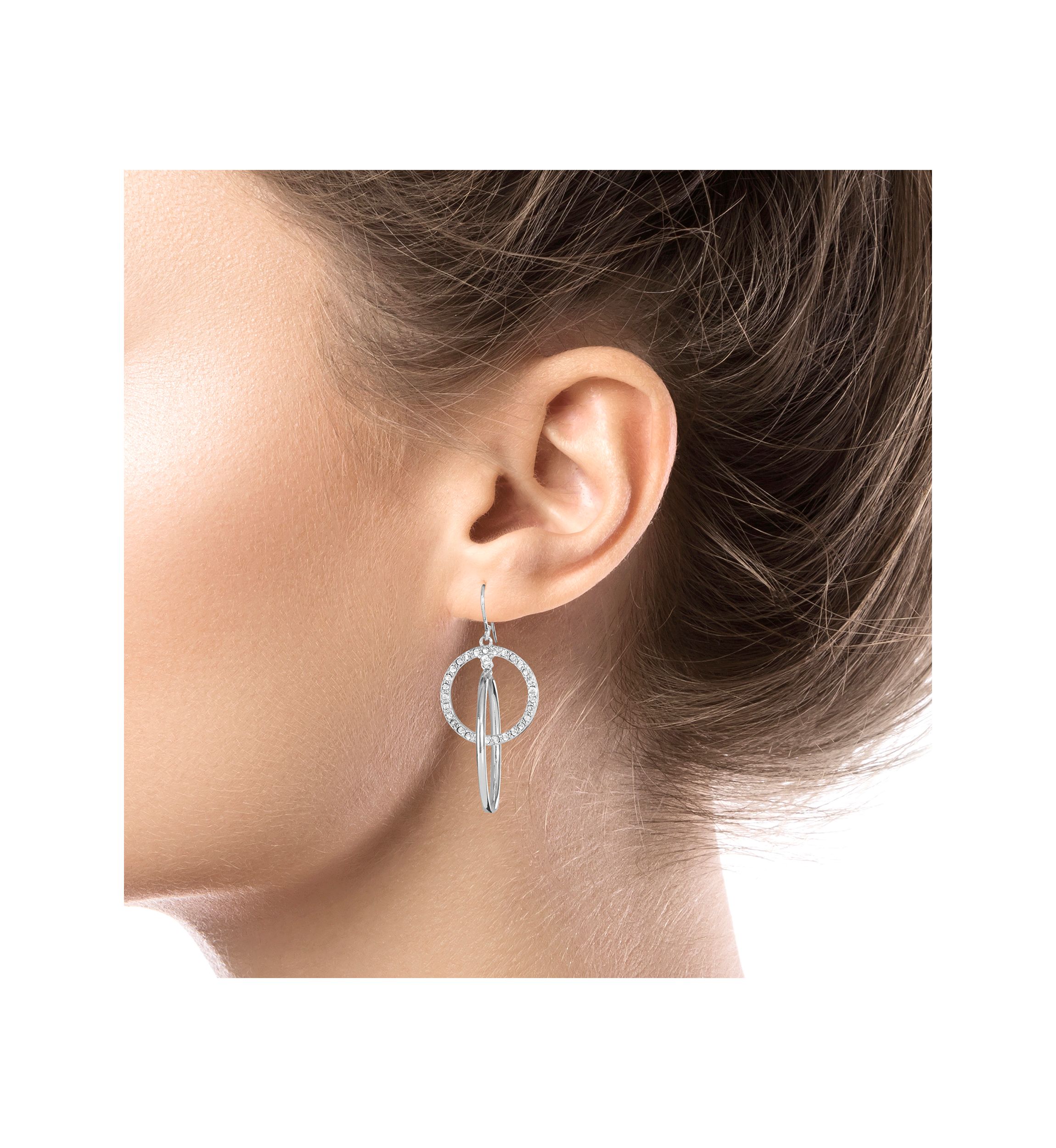 Silver Plated High Polished and Crystal Pavé Interlocking Circle Drop Earrings