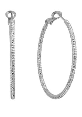 Silver Plated 1.5" Diamond Cut Clutchless Hoop Earrings