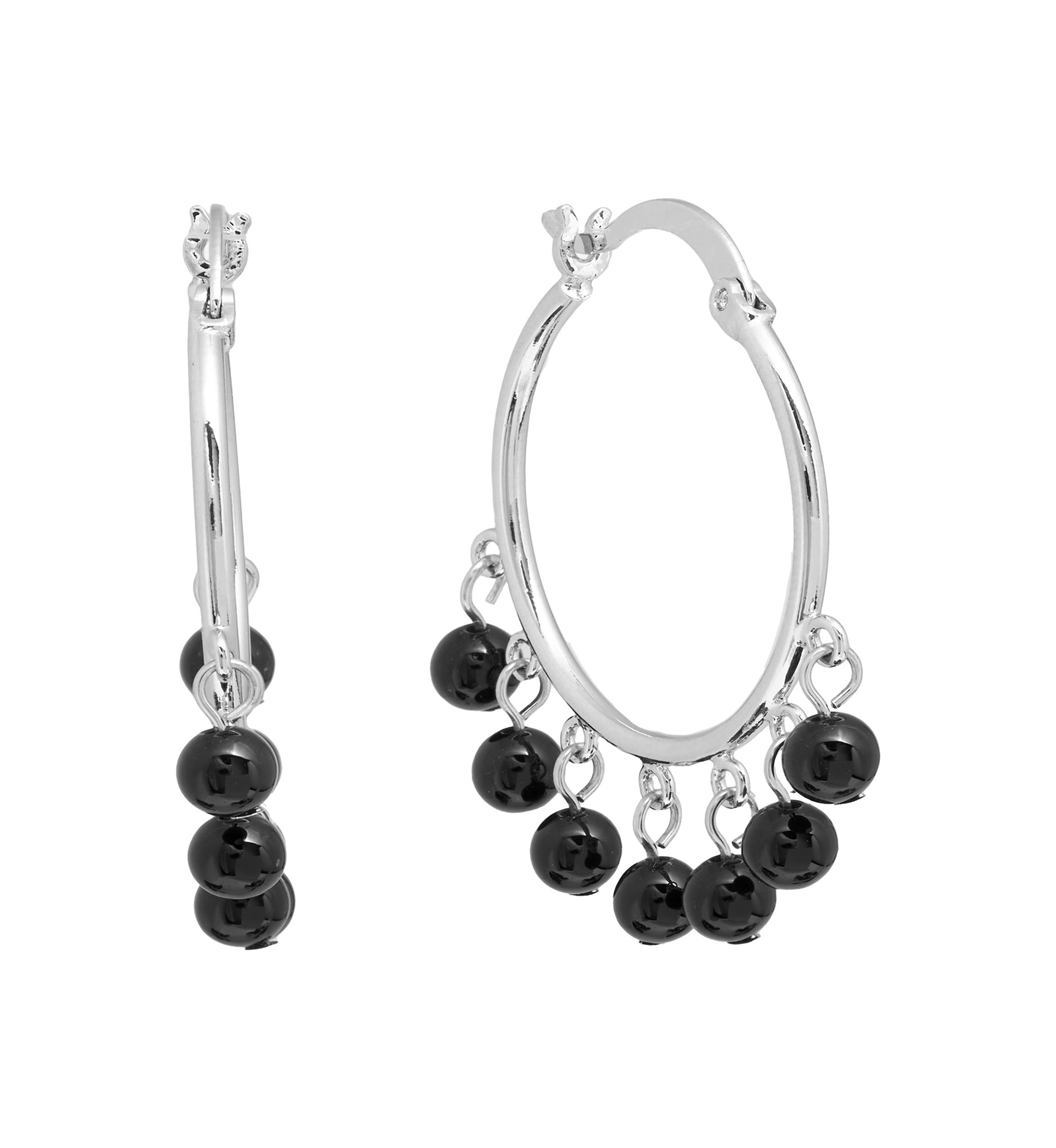 Silver Plated Genuine Stone Multi Bead Click Top Hoop Earrings
