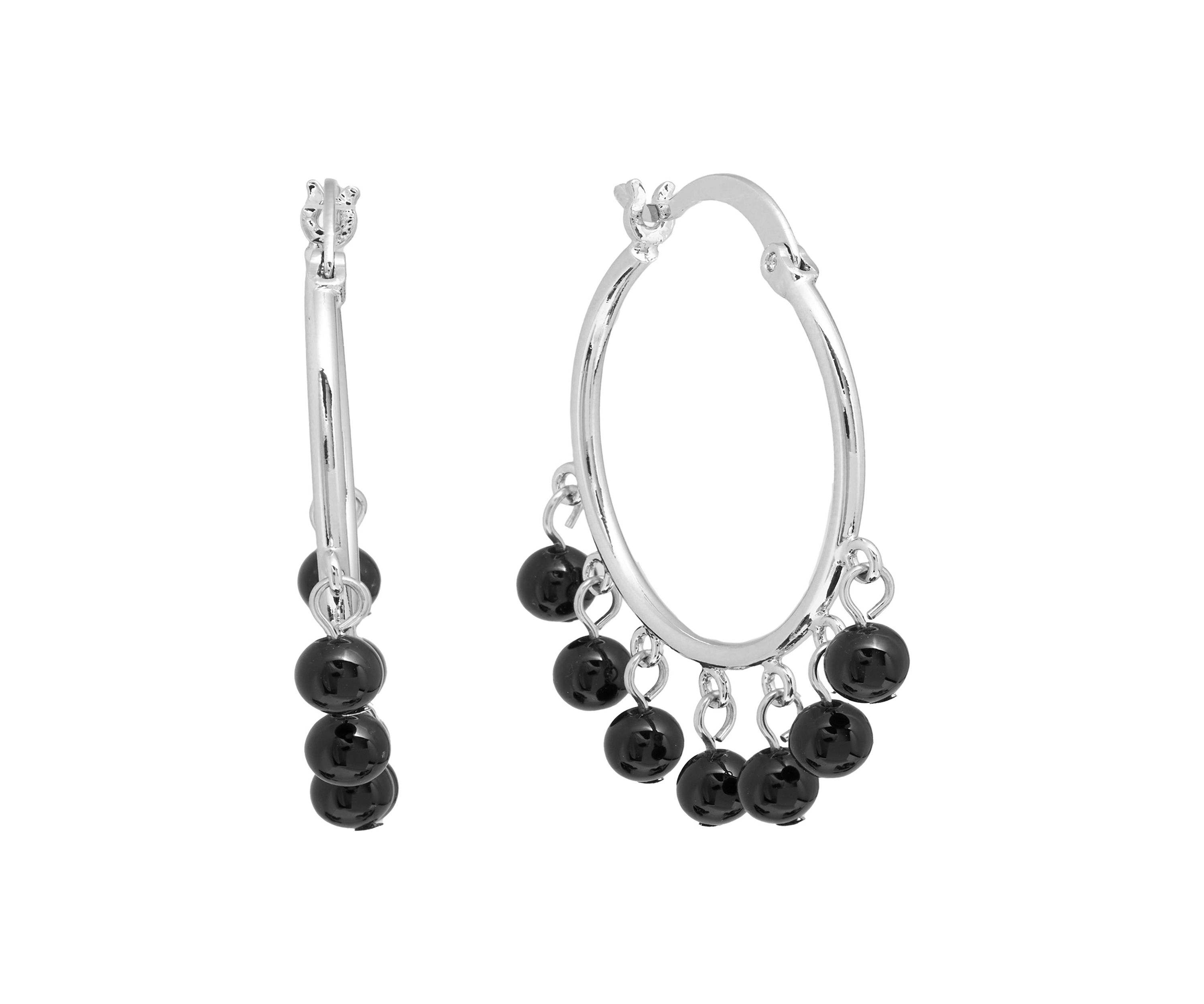 Silver Plated Genuine Stone Multi Bead Click Top Hoop Earrings