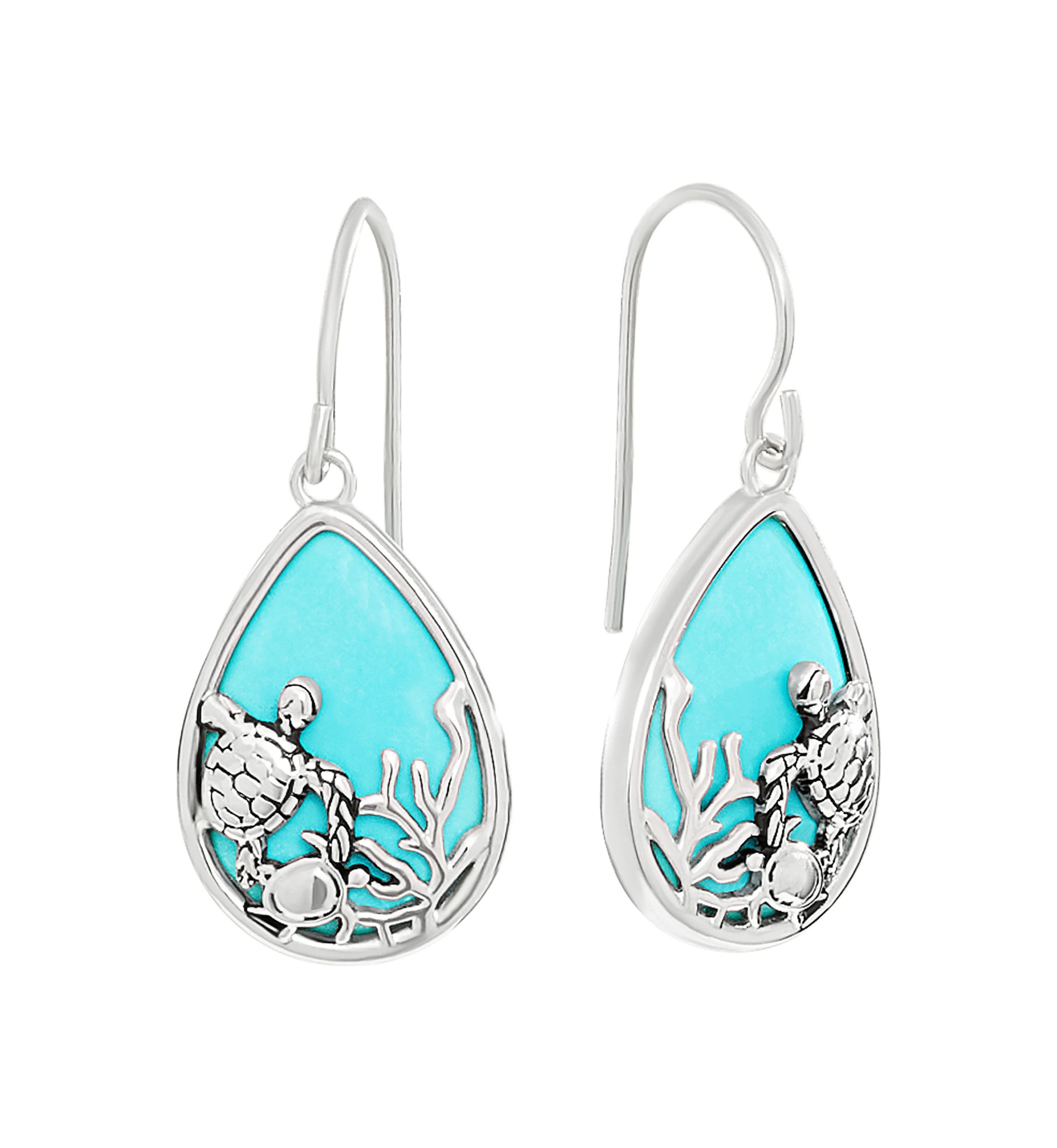 Silver Plated Genuine Turquoise Howlite Turtle Teardrop Earrings