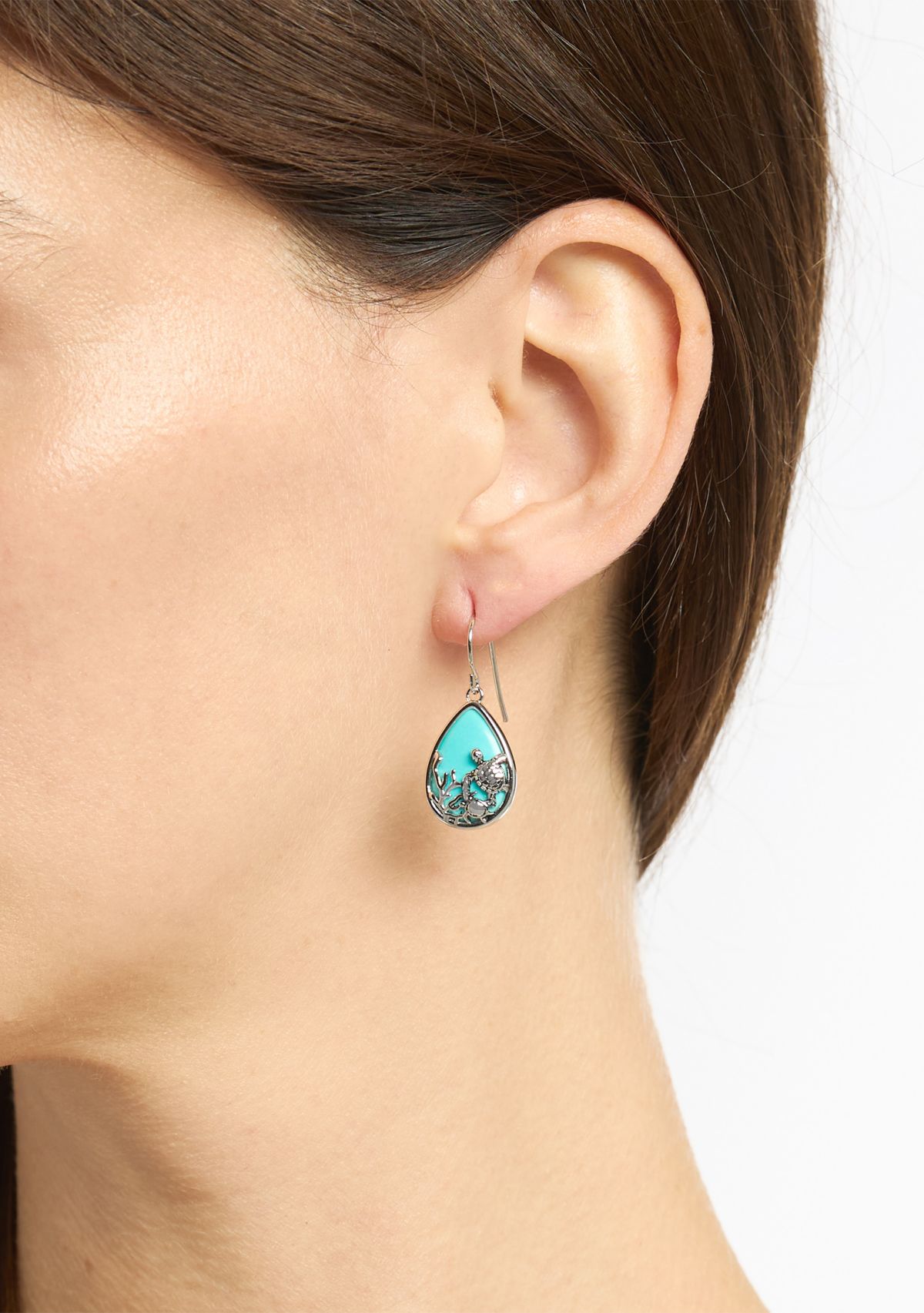 Silver Plated Genuine Turquoise Howlite Turtle Teardrop Earrings