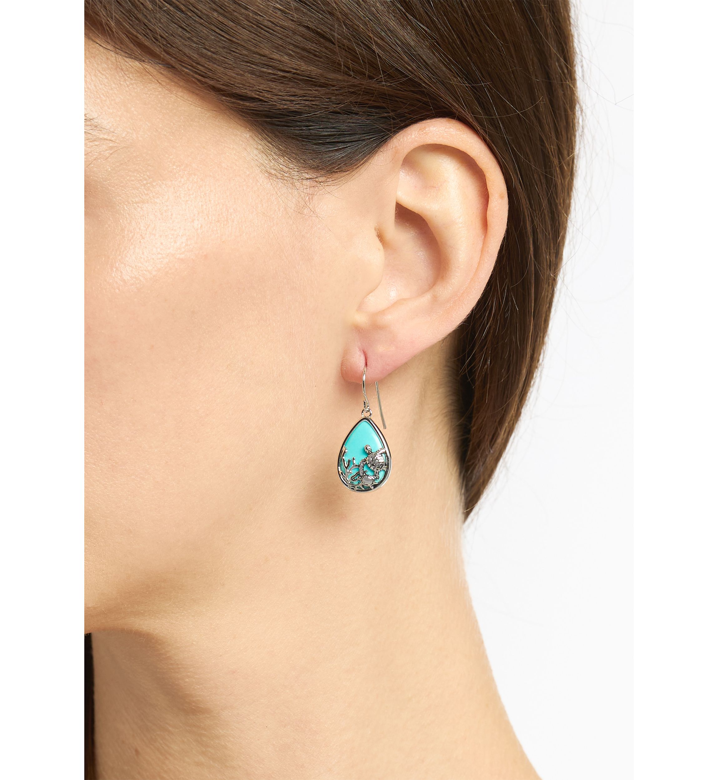 Silver Plated Genuine Turquoise Howlite Turtle Teardrop Earrings