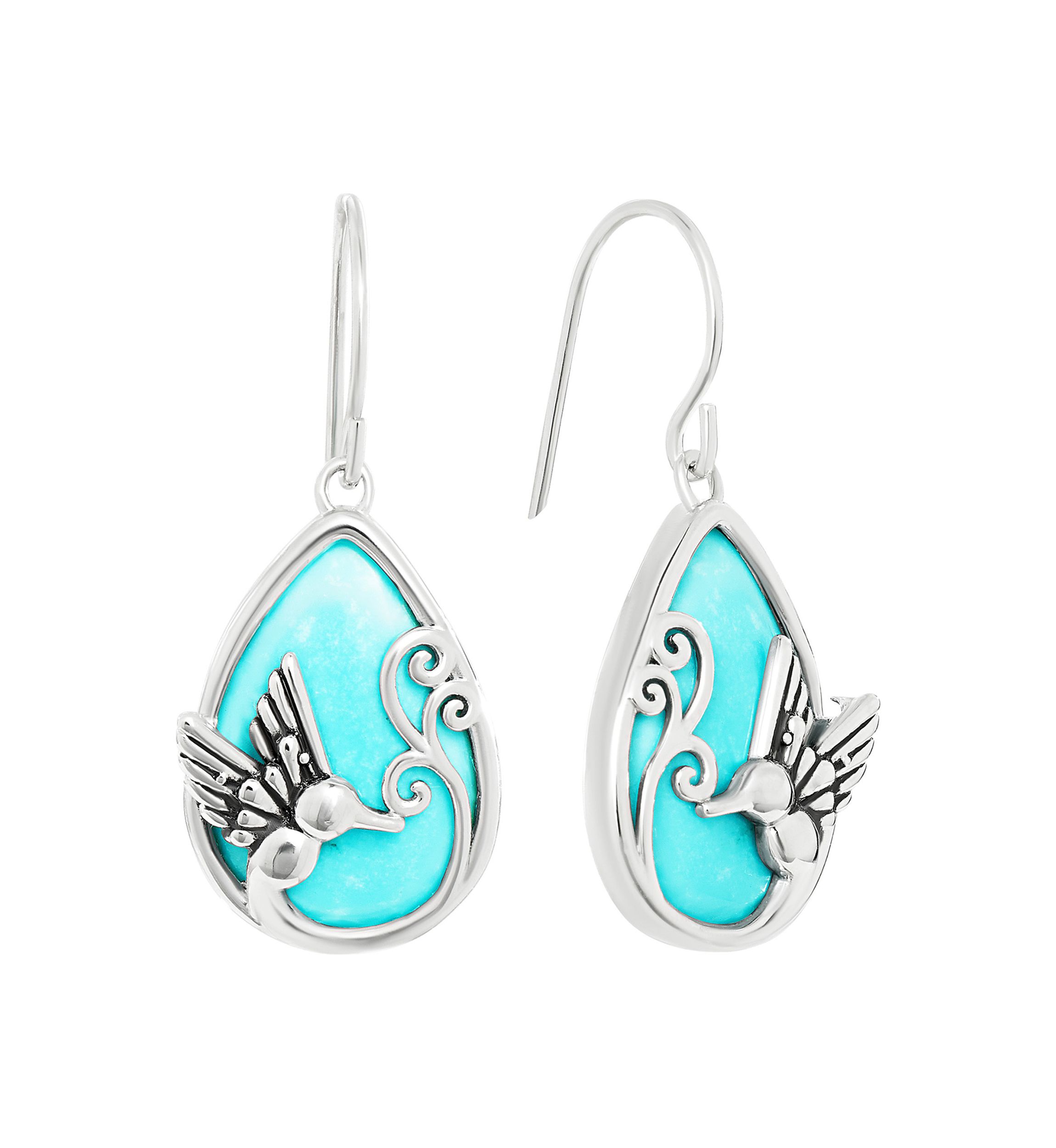 Silver Plated Genuine Turquoise Howlite Hummingbird Teardrop Earrings