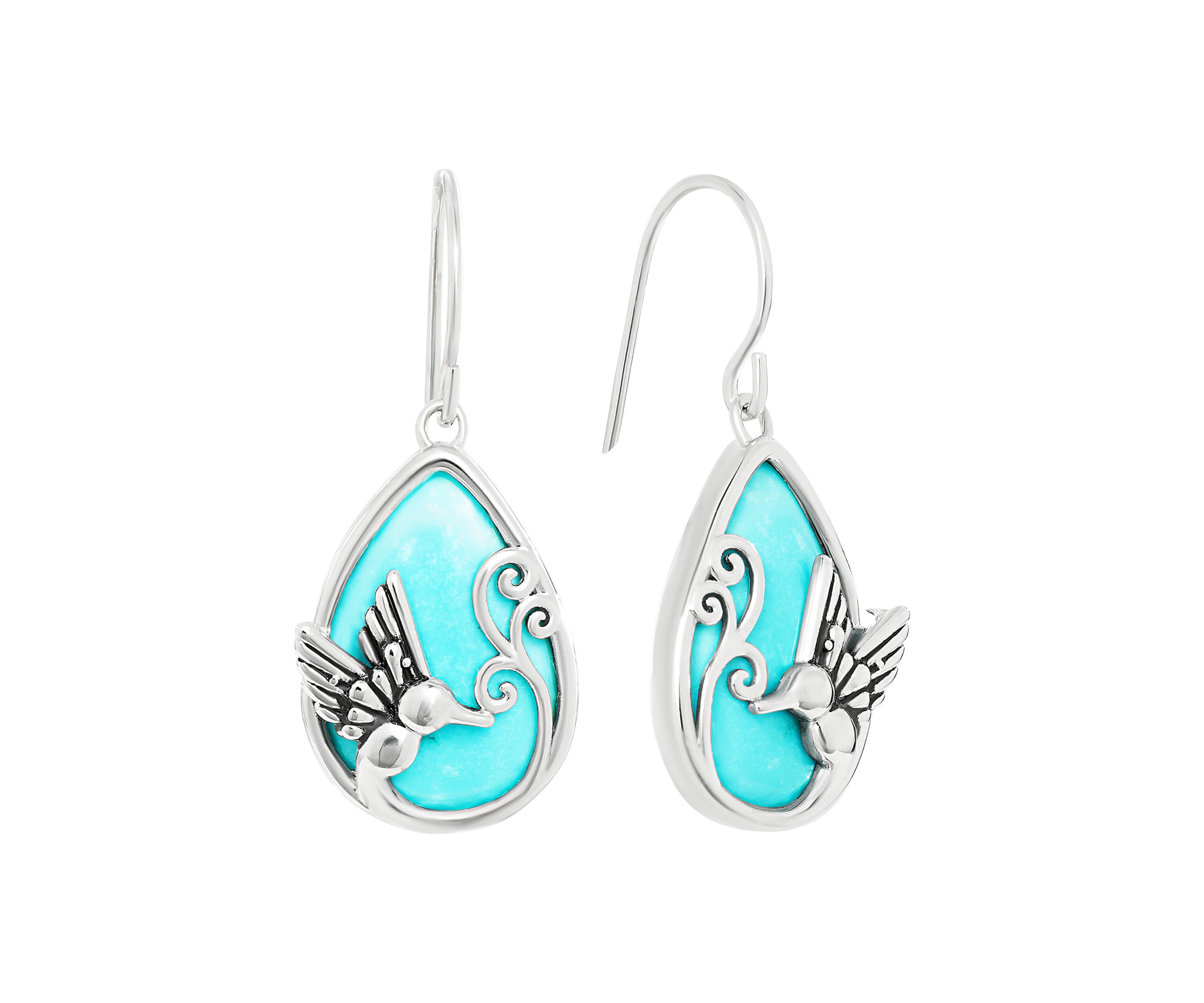 Silver Plated Genuine Turquoise Howlite Hummingbird Teardrop Earrings