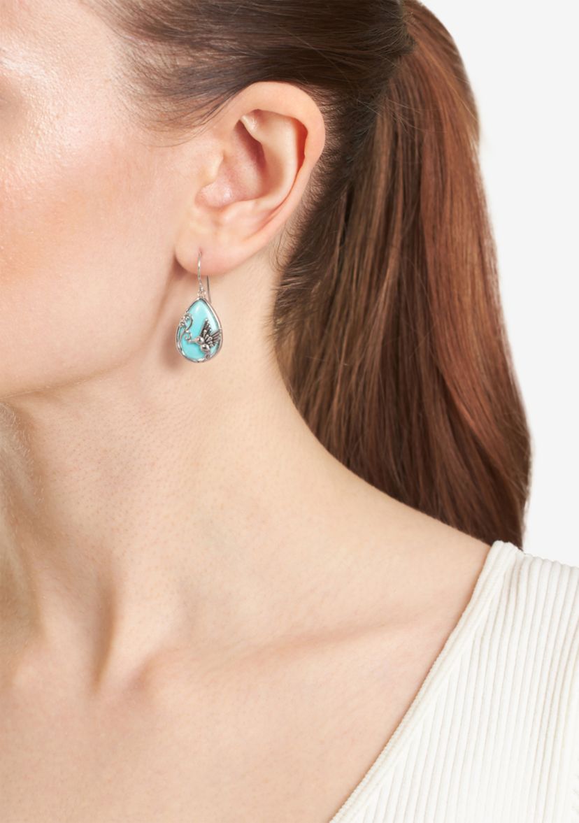 Silver Plated Genuine Turquoise Howlite Hummingbird Teardrop Earrings