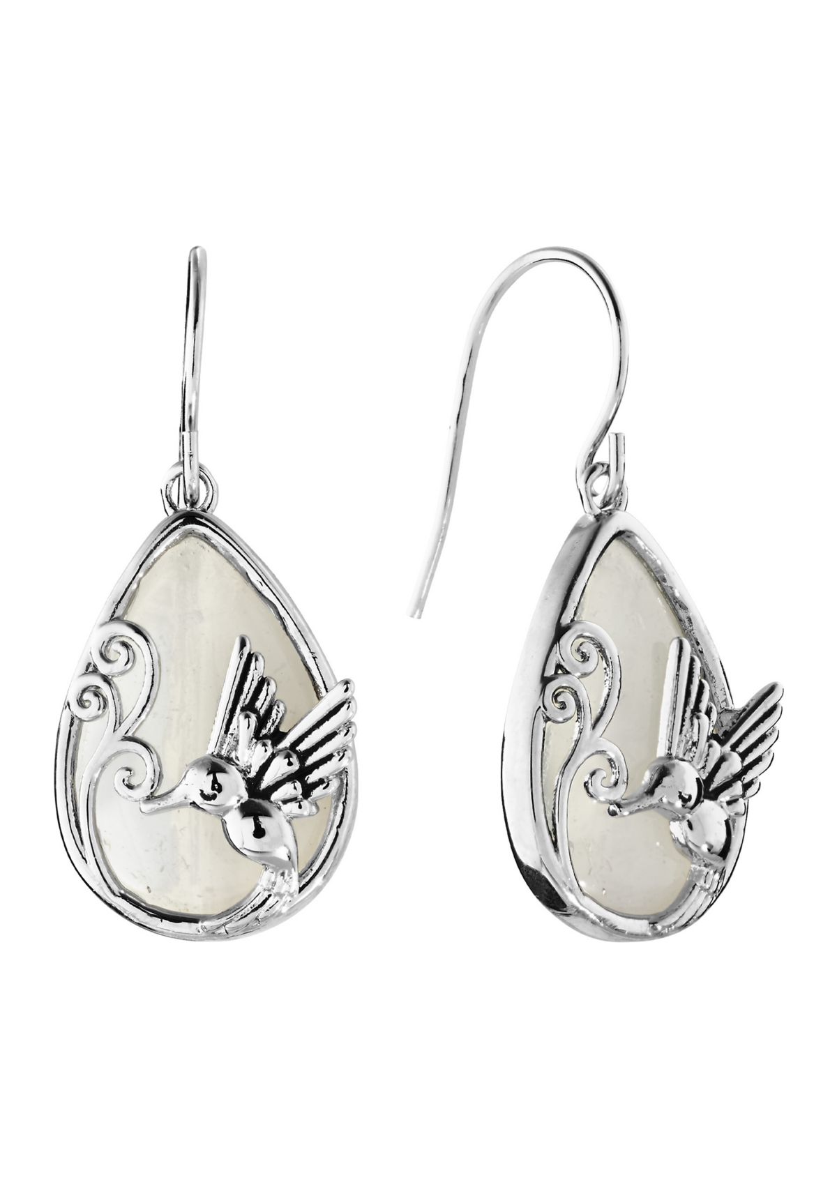 Silver Plated Simulated Opalite Humingbird Drop Earrings
