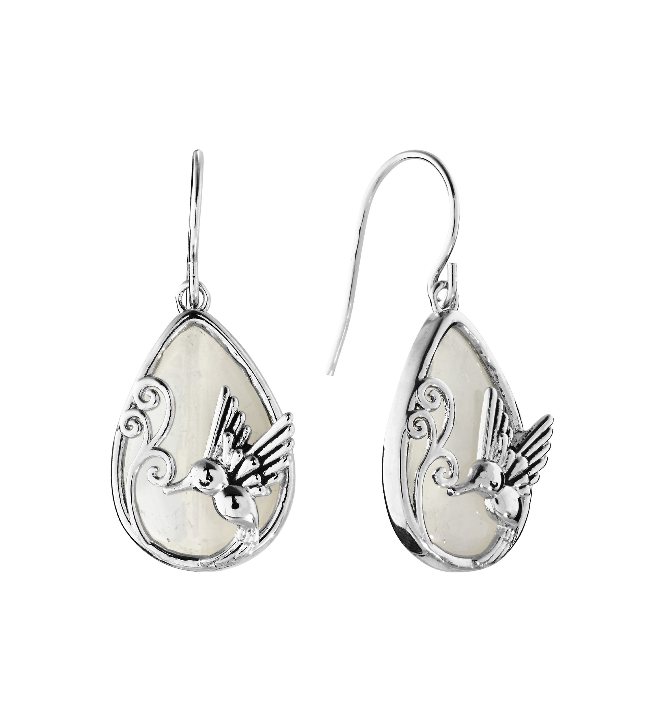 Silver Plated Simulated Opalite Humingbird Drop Earrings