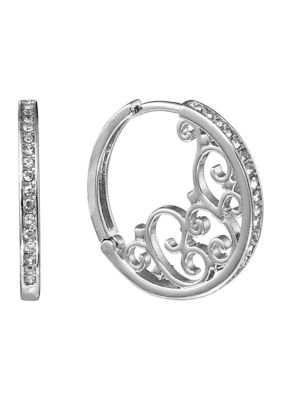 Silver Plated Crystal Filigree Huggie Hoop Earrings