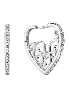 Silver Plated Crystal Filigree Heart Huggie Hoop Earrings