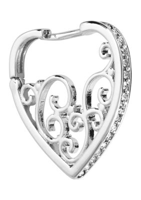 Silver Plated Crystal Filigree Heart Huggie Hoop Earrings