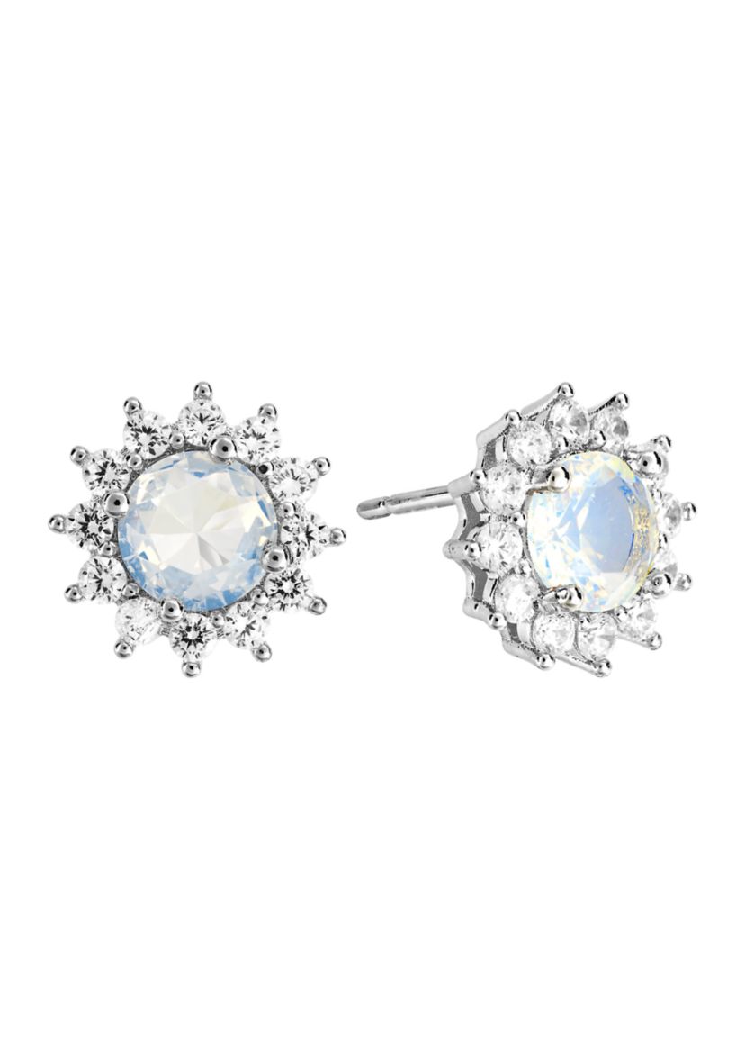 Silver Plated Moonlight Glass and Cubic Zirconia Sunburst Stud Earrings