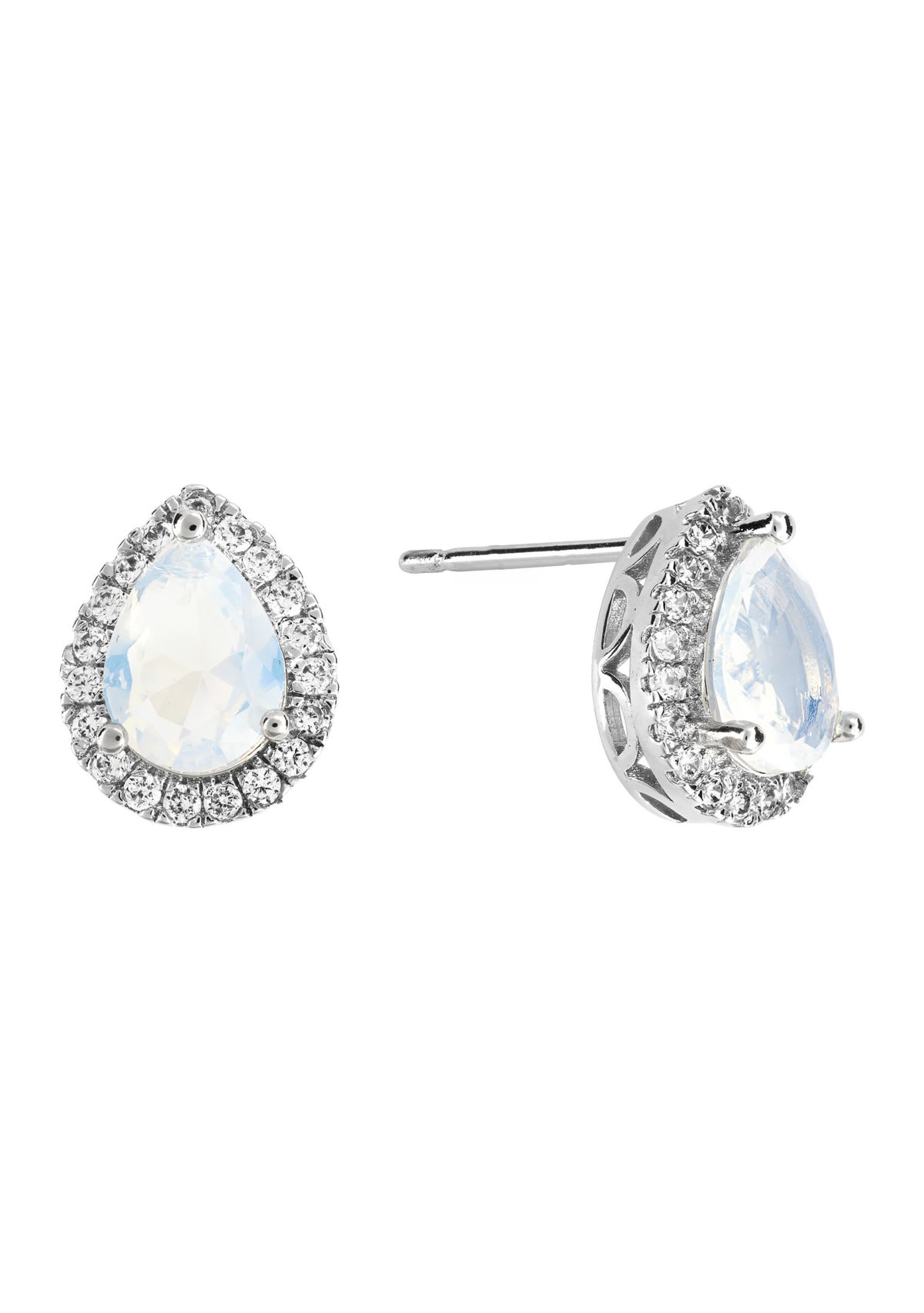 Silver Plated Moonlight Glass and Cubic Zirconia Teardrop Halo Stud Earrings