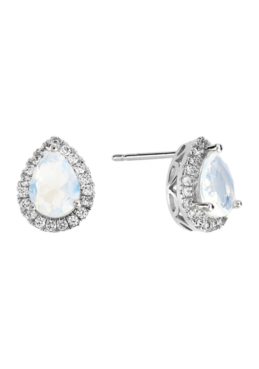 Silver Plated Moonlight Glass and Cubic Zirconia Teardrop Halo Stud Earrings