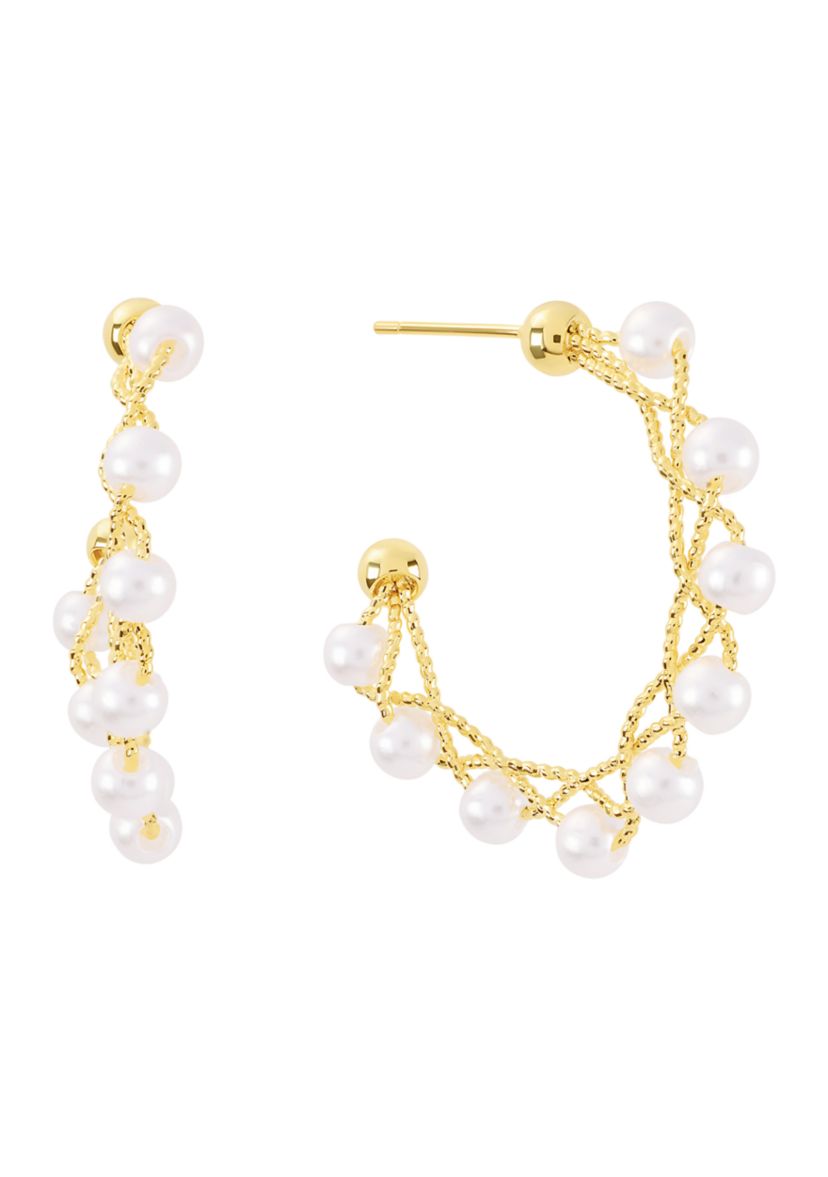 Gold Plated 30mm Simulated Pearls Twisted Hoop Earrings