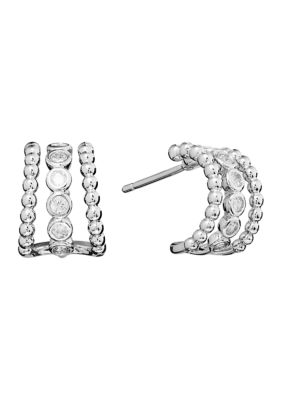 Silver Plated Cubic Zirconia Triple Row Huggie Half Hoop Earrings