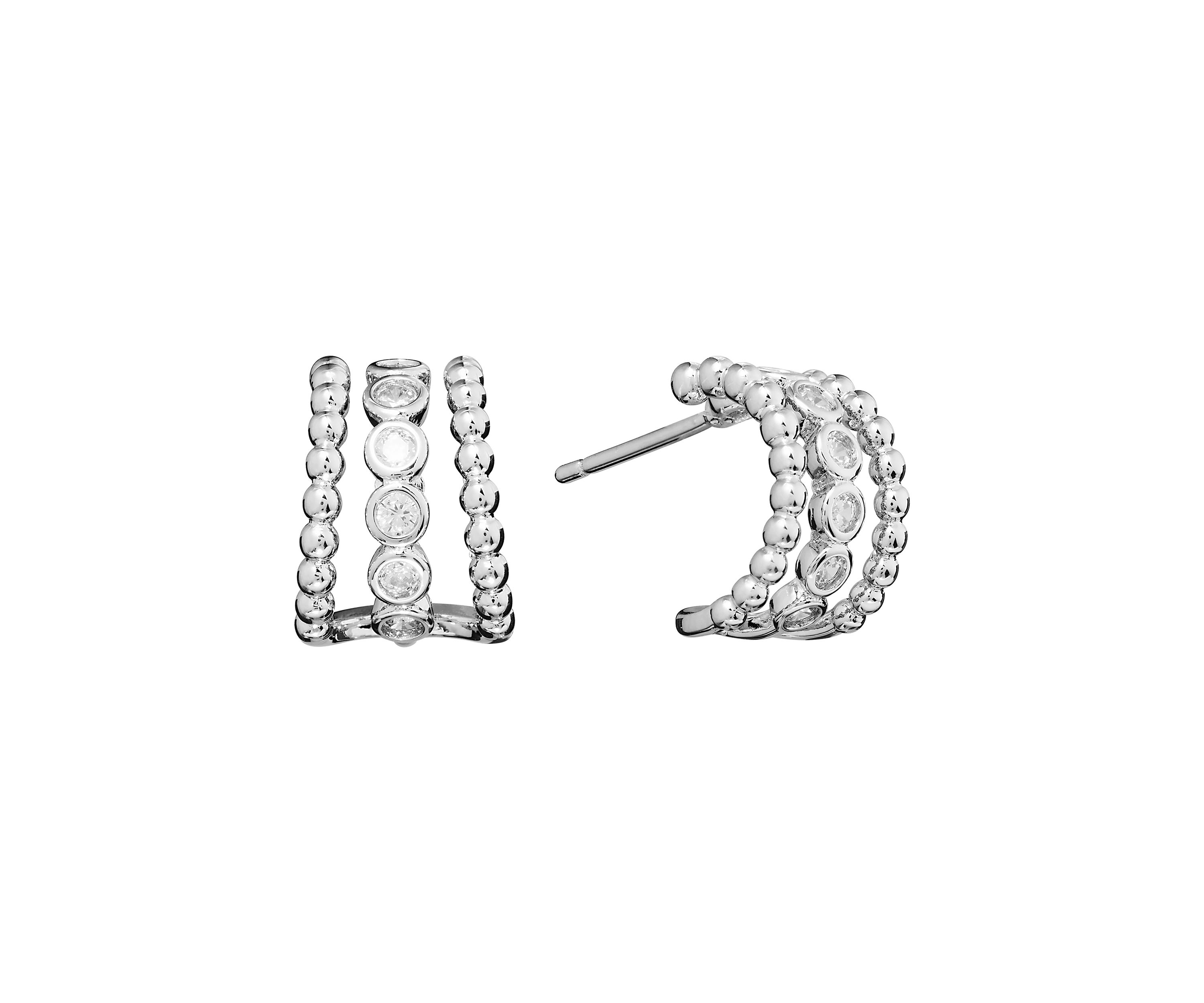 Silver Plated Cubic Zirconia Triple Row Huggie Half Hoop Earrings