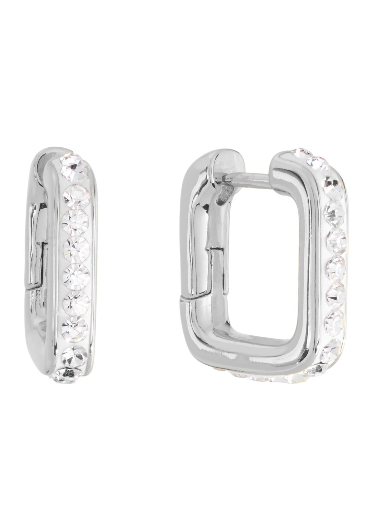 Silver Plated .57" Crystal Pave Square Huggie Hoop Earrings