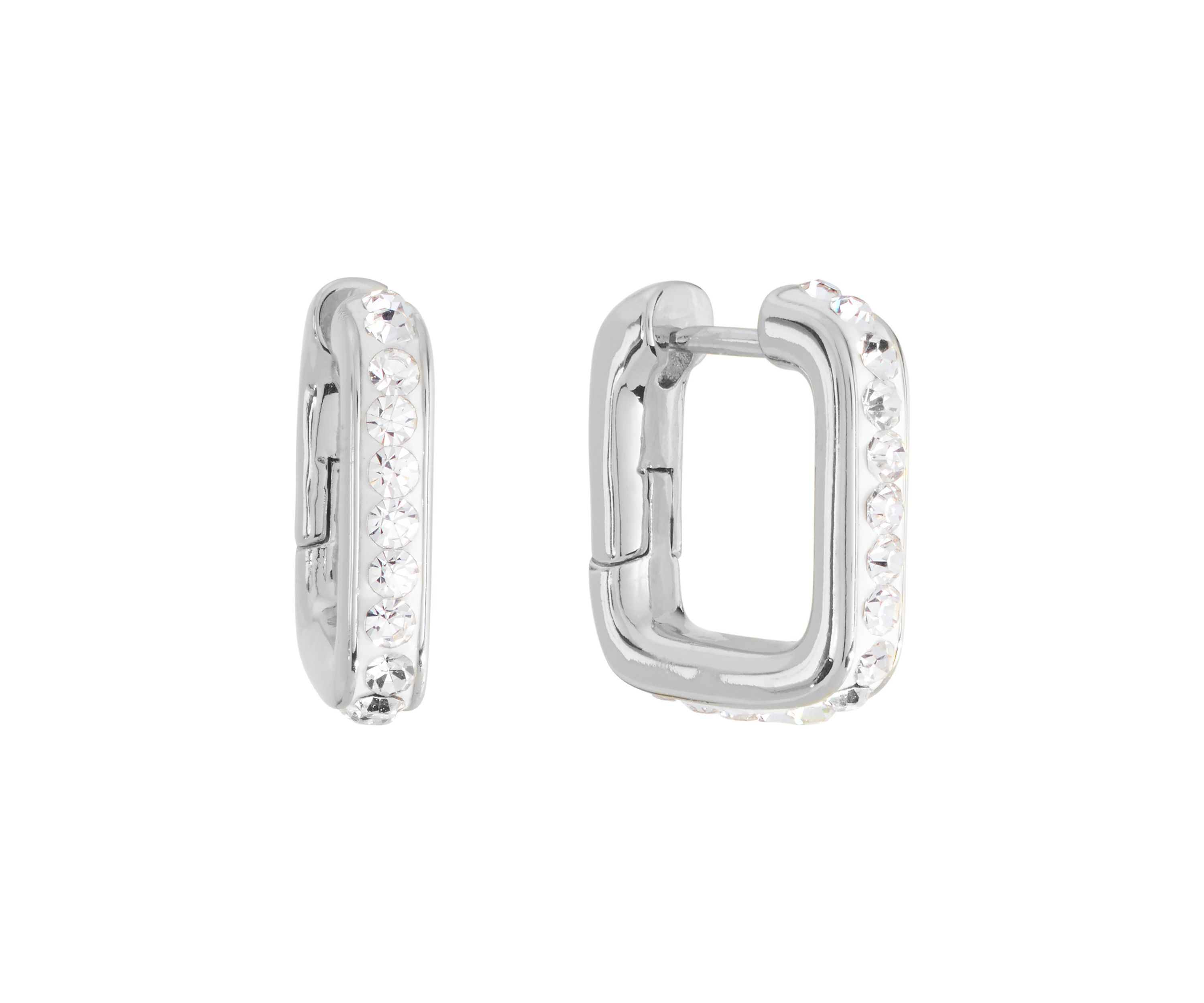 Silver Plated .57" Crystal Pave Square Huggie Hoop Earrings