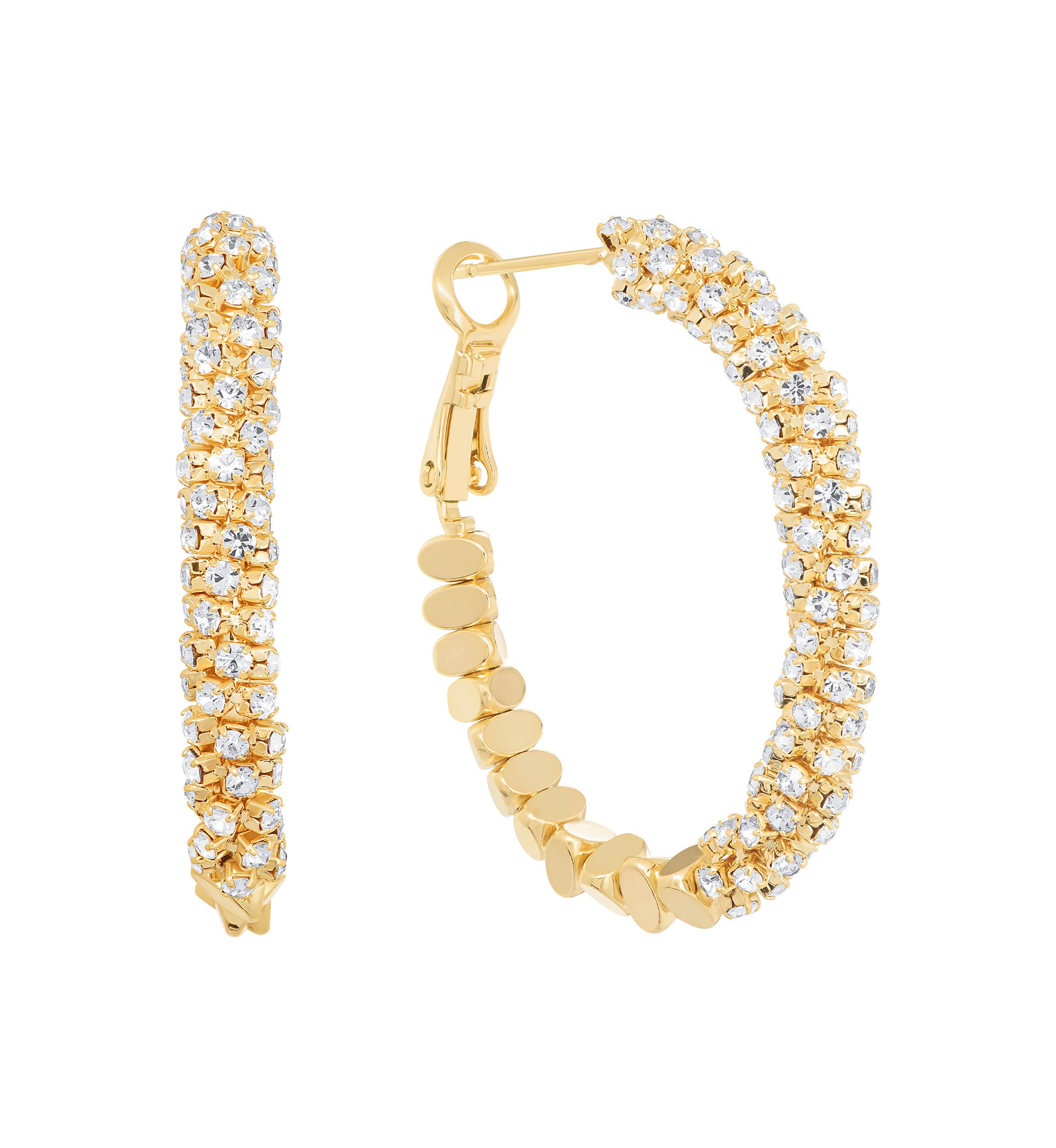 Gold Plated Cubic Zirconia Chain Hoop Twist Oblong Hoop Earrings