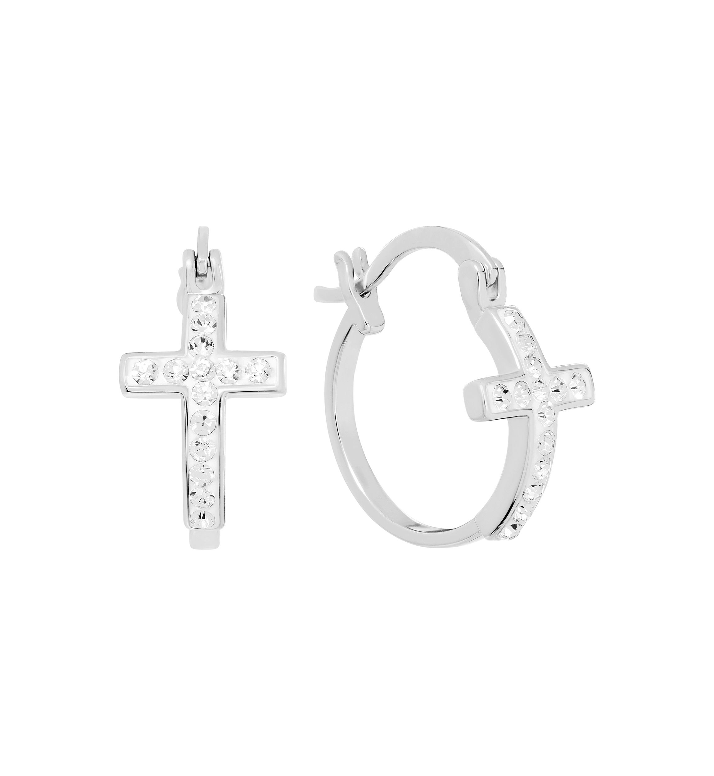 Plated Crystal Cross Clicktop Hoop Earrings