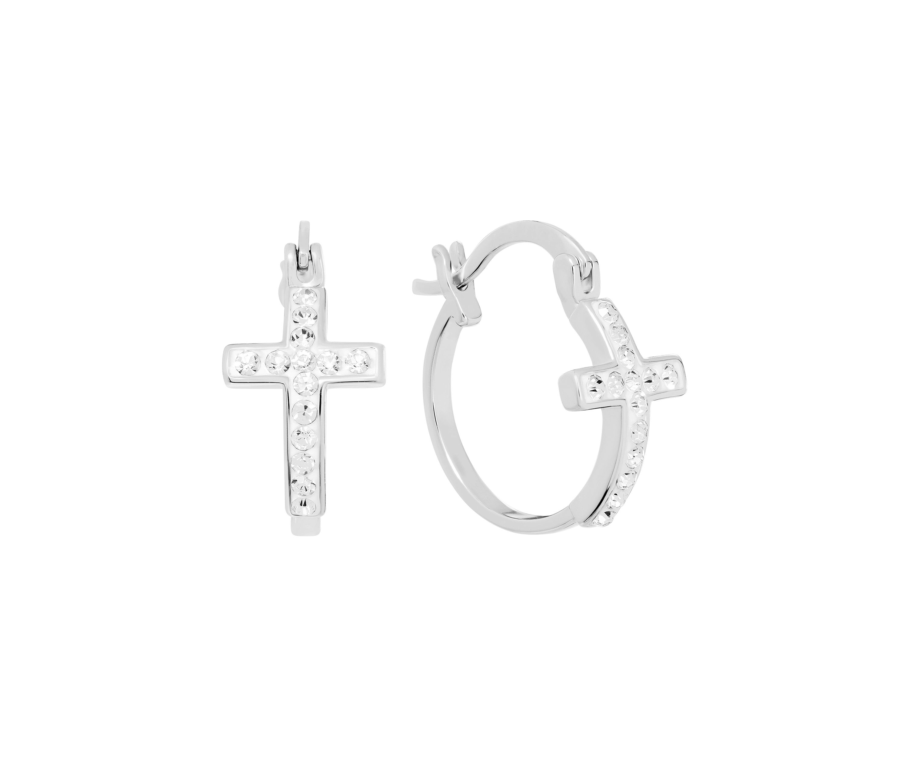 Plated Crystal Cross Clicktop Hoop Earrings