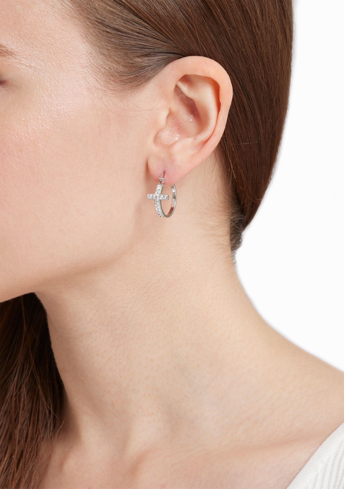 Plated Crystal Cross Clicktop Hoop Earrings