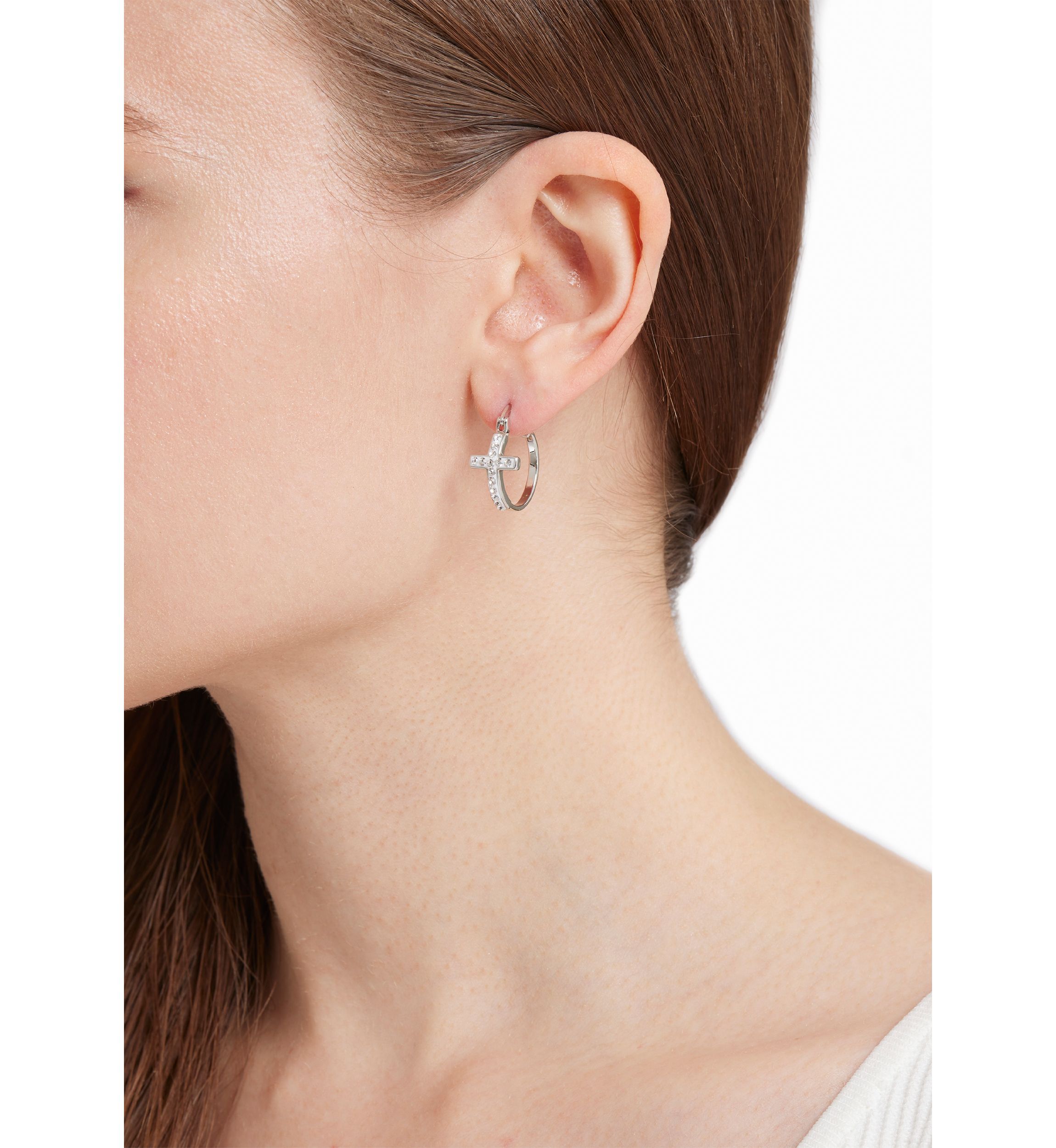 Plated Crystal Cross Clicktop Hoop Earrings