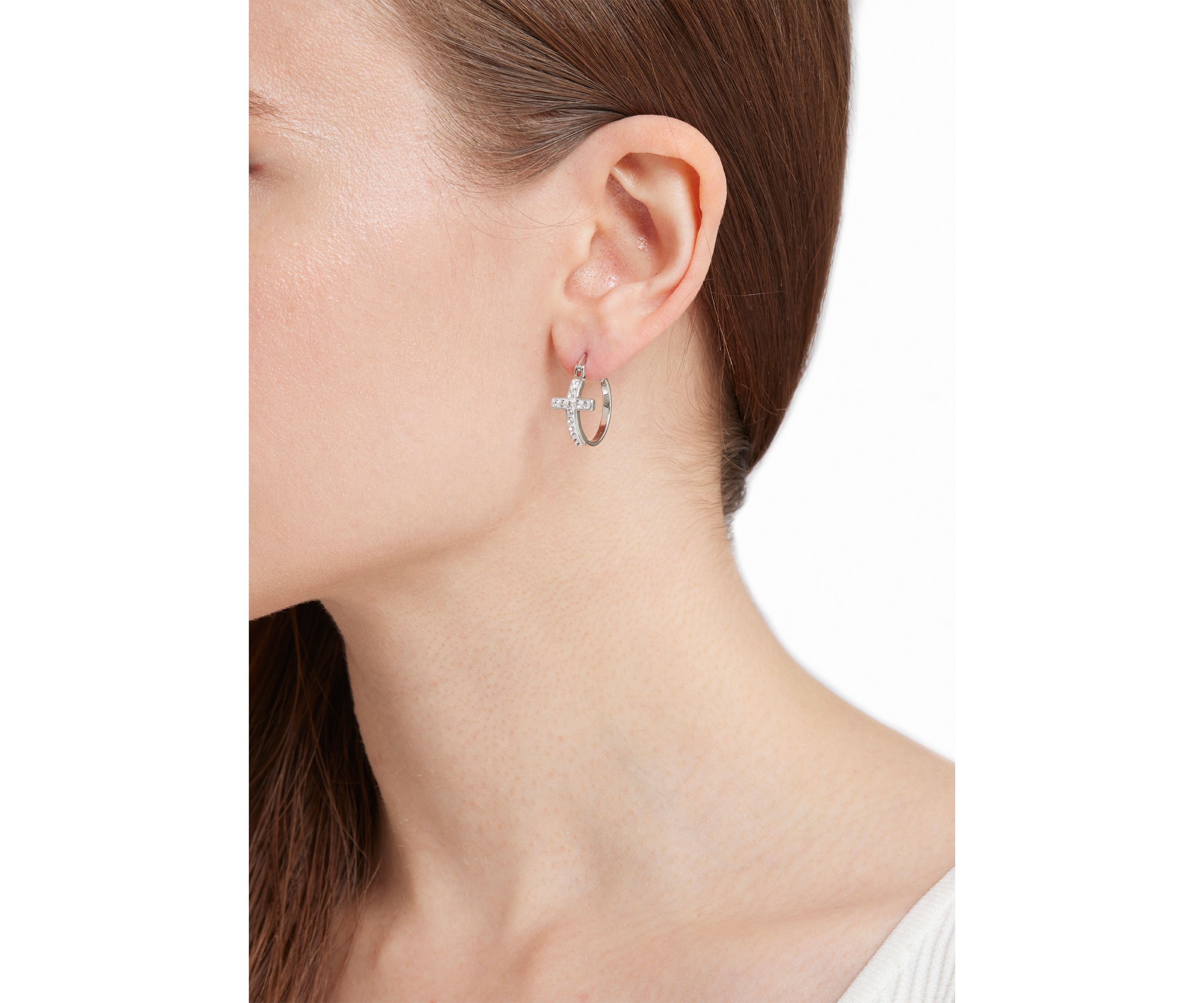 Plated Crystal Cross Clicktop Hoop Earrings