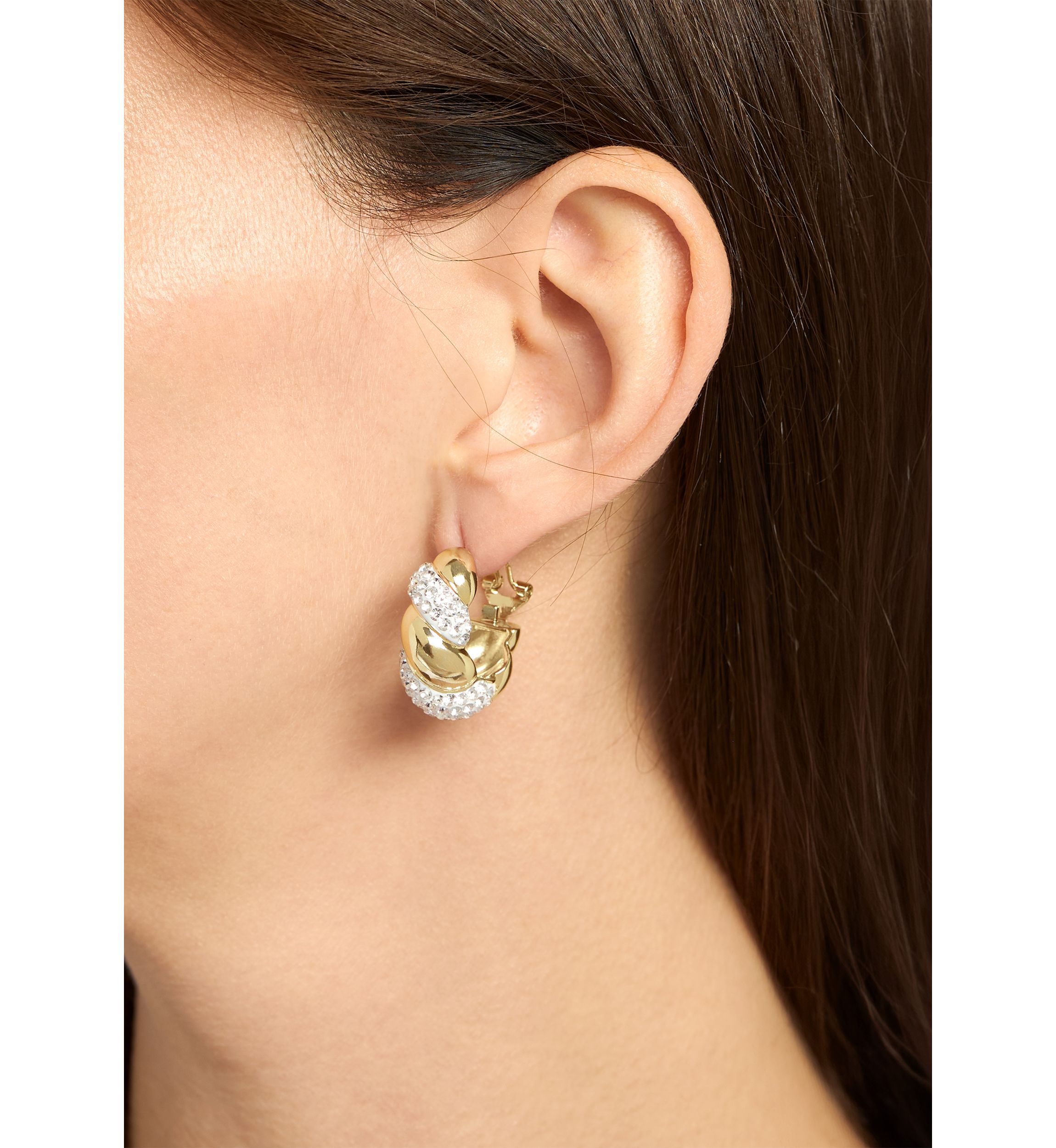 Plated Crystal Croissant Puffy J Hoop Earrings