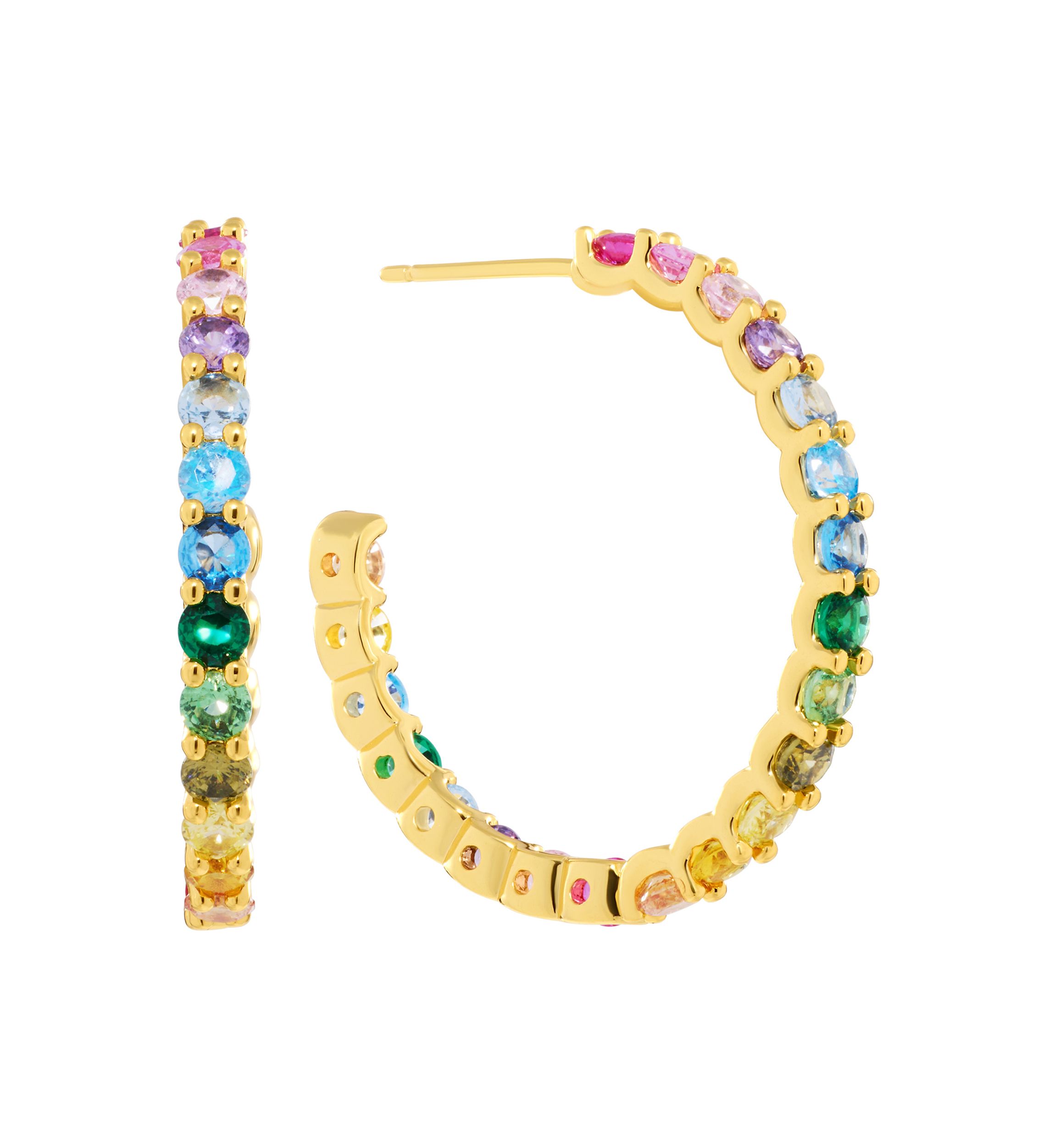 Gold Plated Multi Color Round Post Hoop Earrings