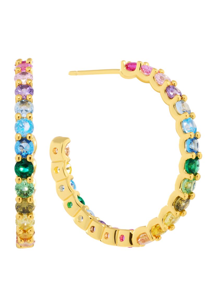 Gold Plated Multi Color Round Post Hoop Earrings