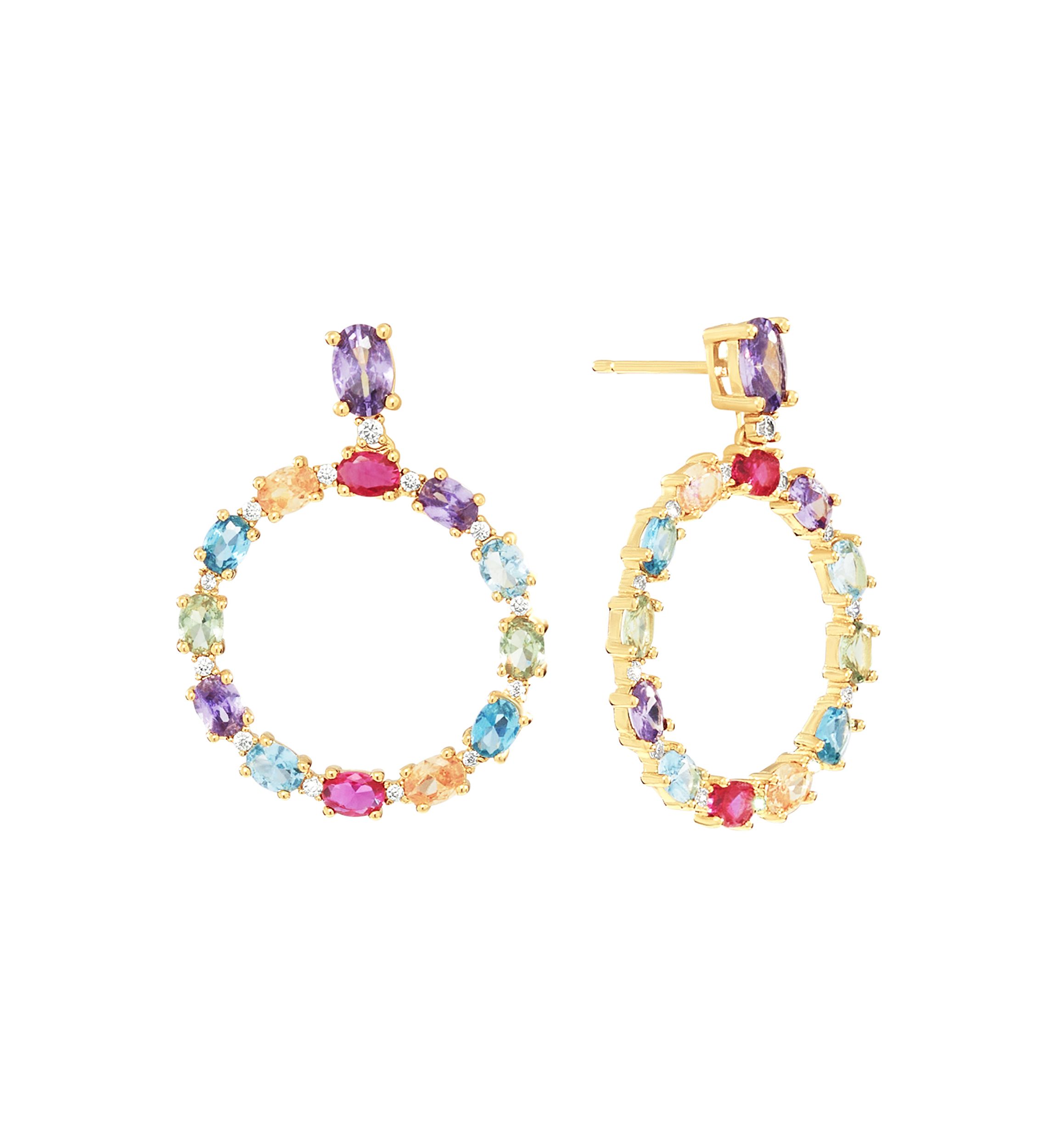 Gold Plated Multi Color Round Drop Post Earrings