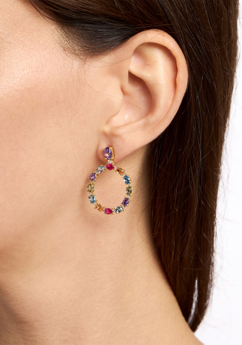 Gold Plated Multi Color Round Drop Post Earrings