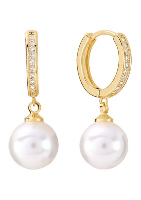 Belk Silverworks Gold Plated Simulated Pearl and Cubic Zirconia Huggie Hoop Earrings
