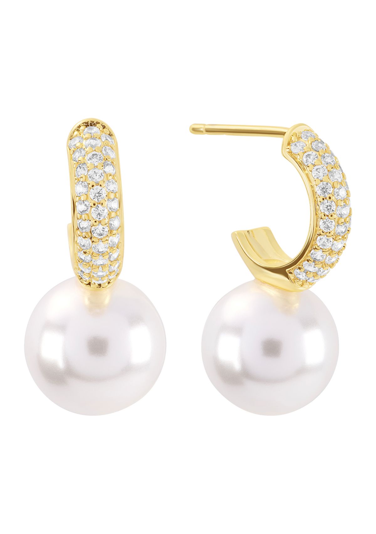 Gold Plated Simulated Pearl and Cubic Zirconia Huggie Hoop Drop Earrings