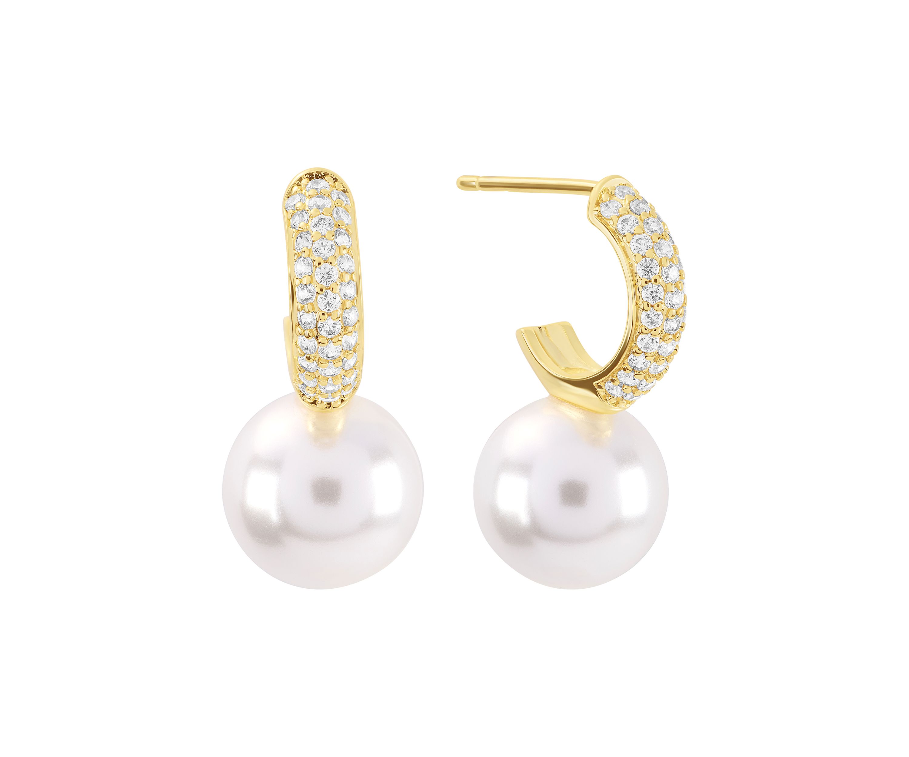 Gold Plated Simulated Pearl and Cubic Zirconia Huggie Hoop Drop Earrings