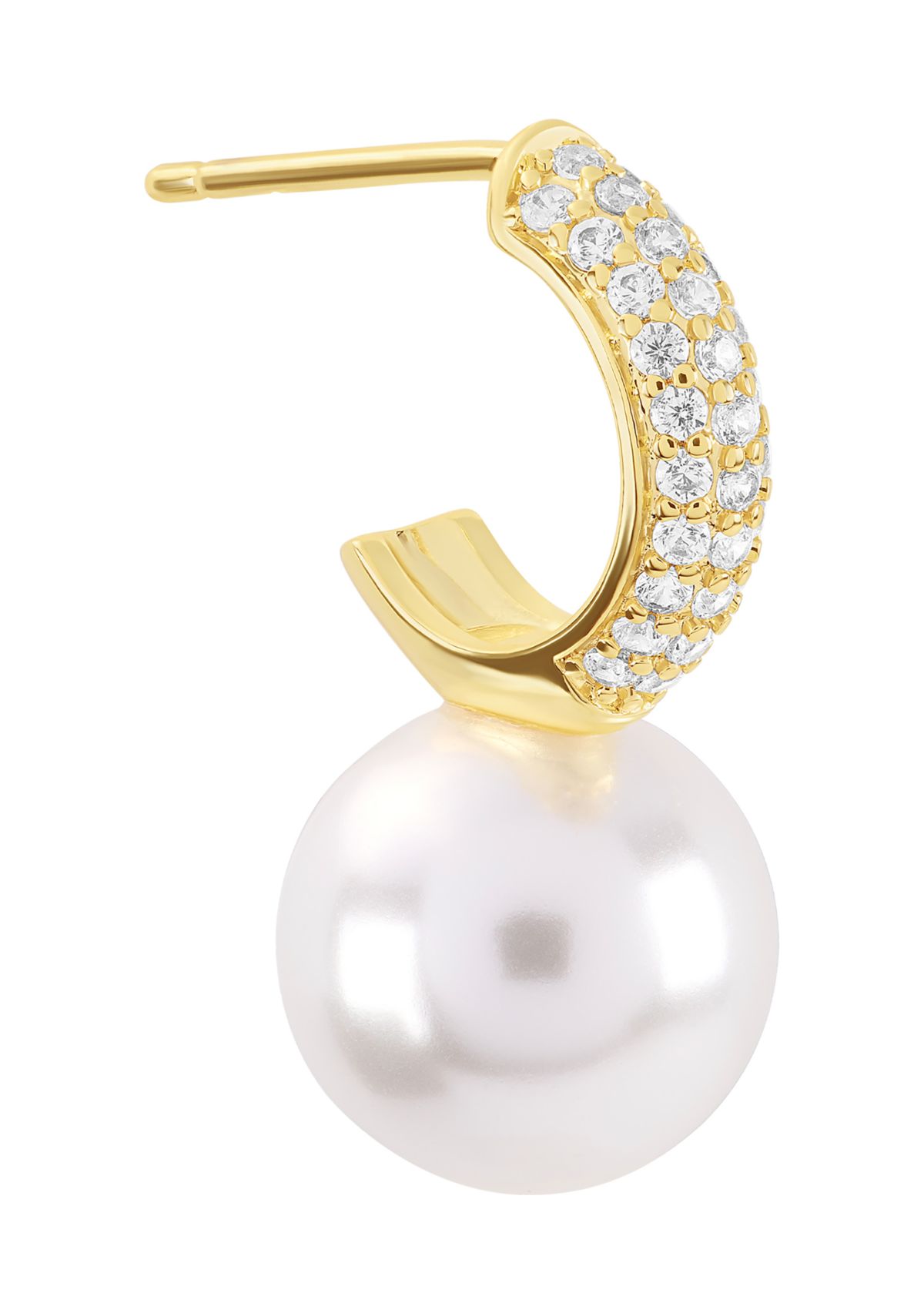 Gold Plated Simulated Pearl and Cubic Zirconia Huggie Hoop Drop Earrings