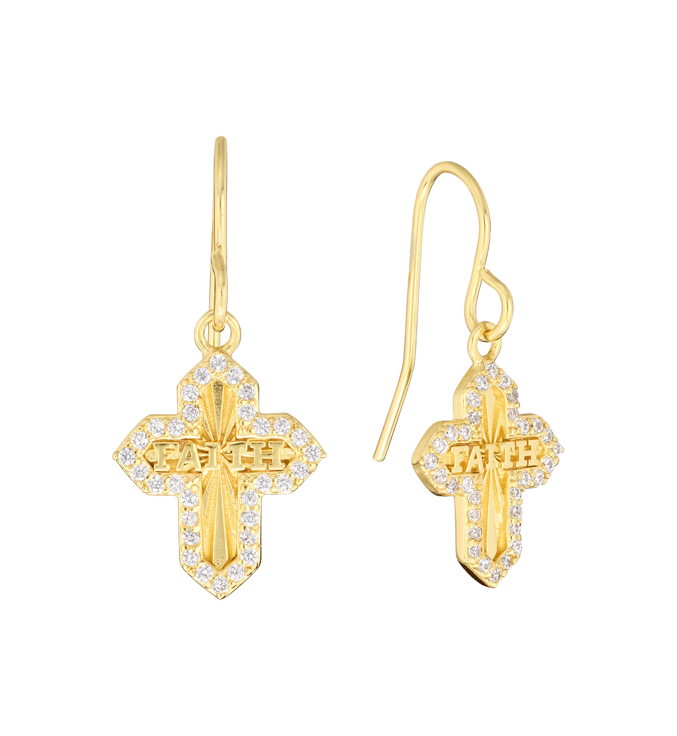 Gold-Plated Cubic Zirconia "Faith" Cross Drop Earrings