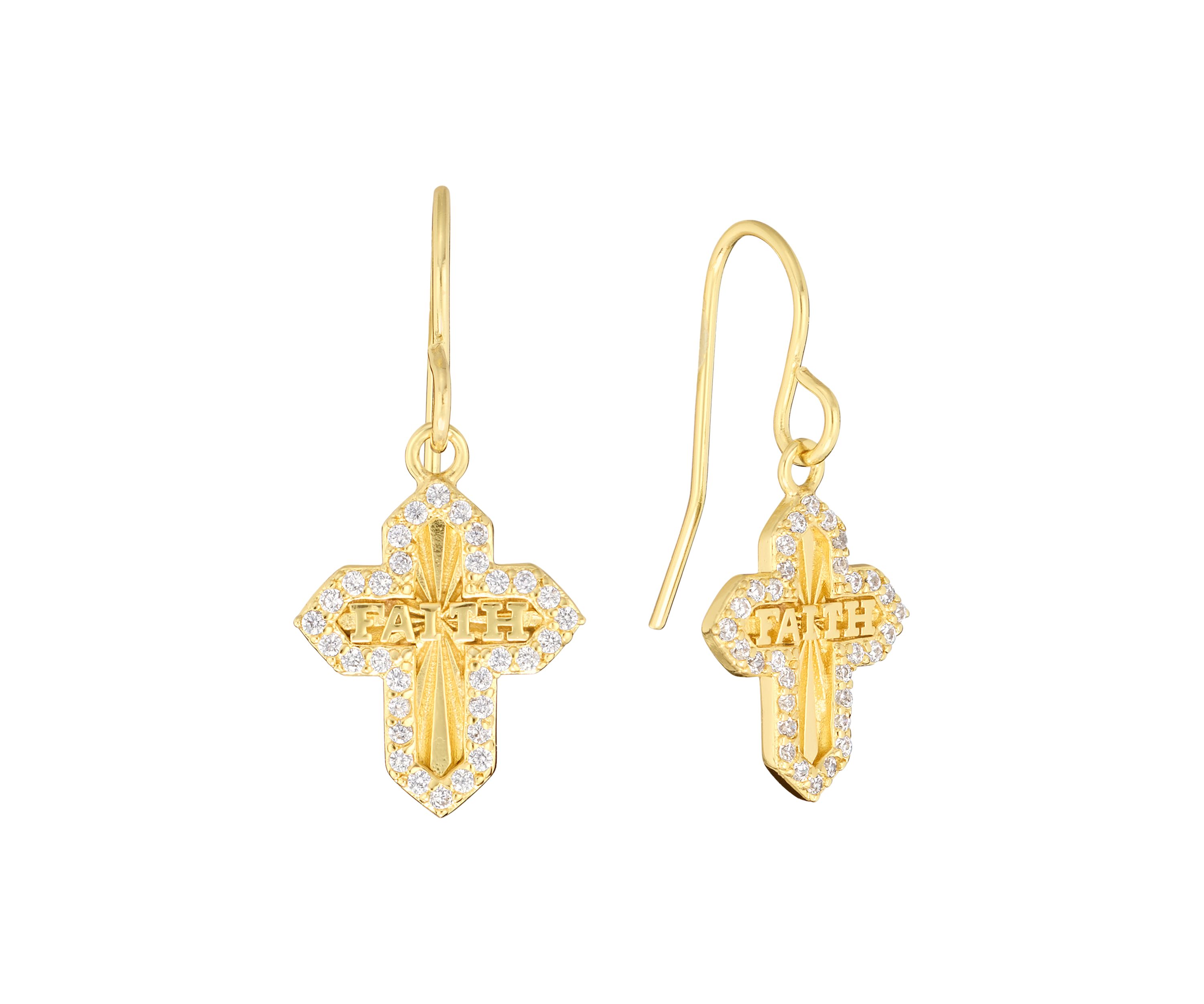 Gold-Plated Cubic Zirconia "Faith" Cross Drop Earrings