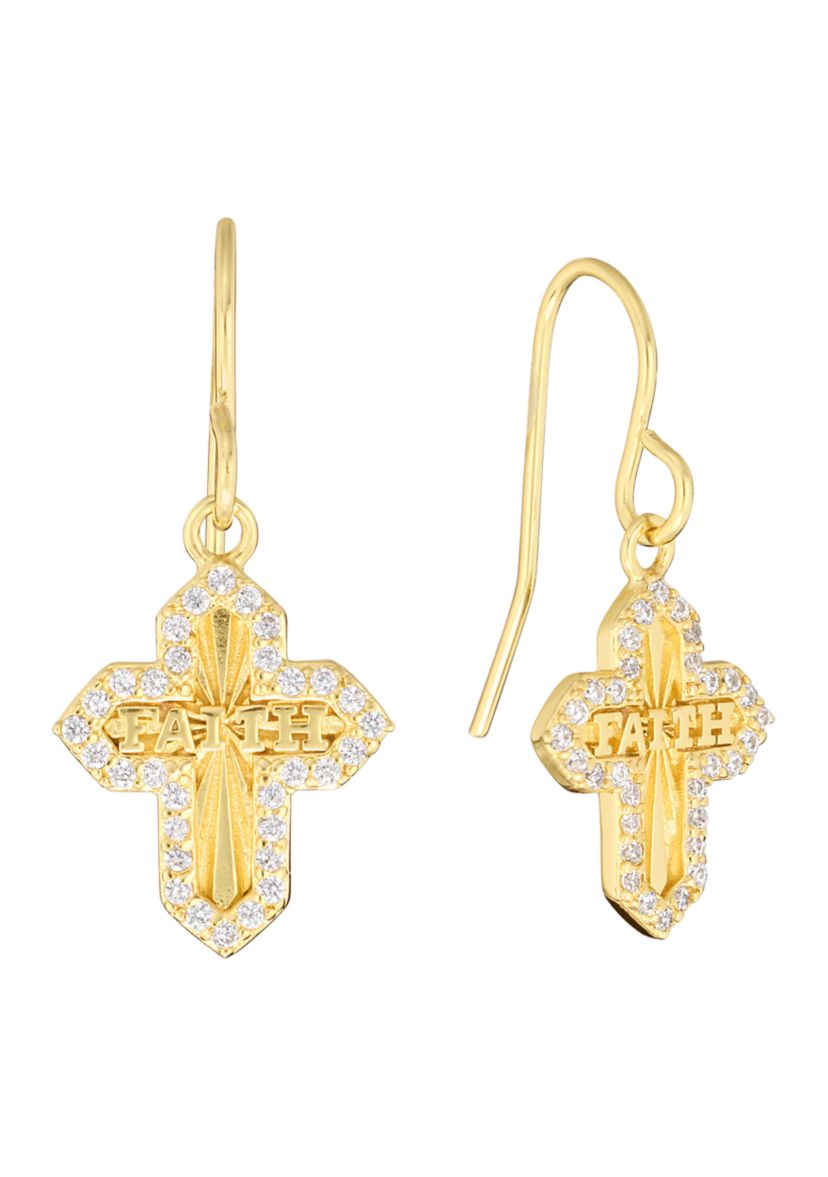 Gold-Plated Cubic Zirconia "Faith" Cross Drop Earrings