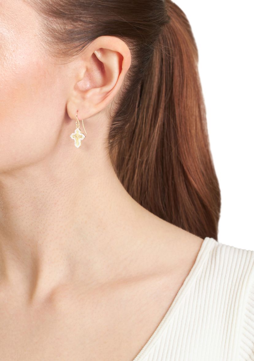 Gold-Plated Cubic Zirconia "Faith" Cross Drop Earrings