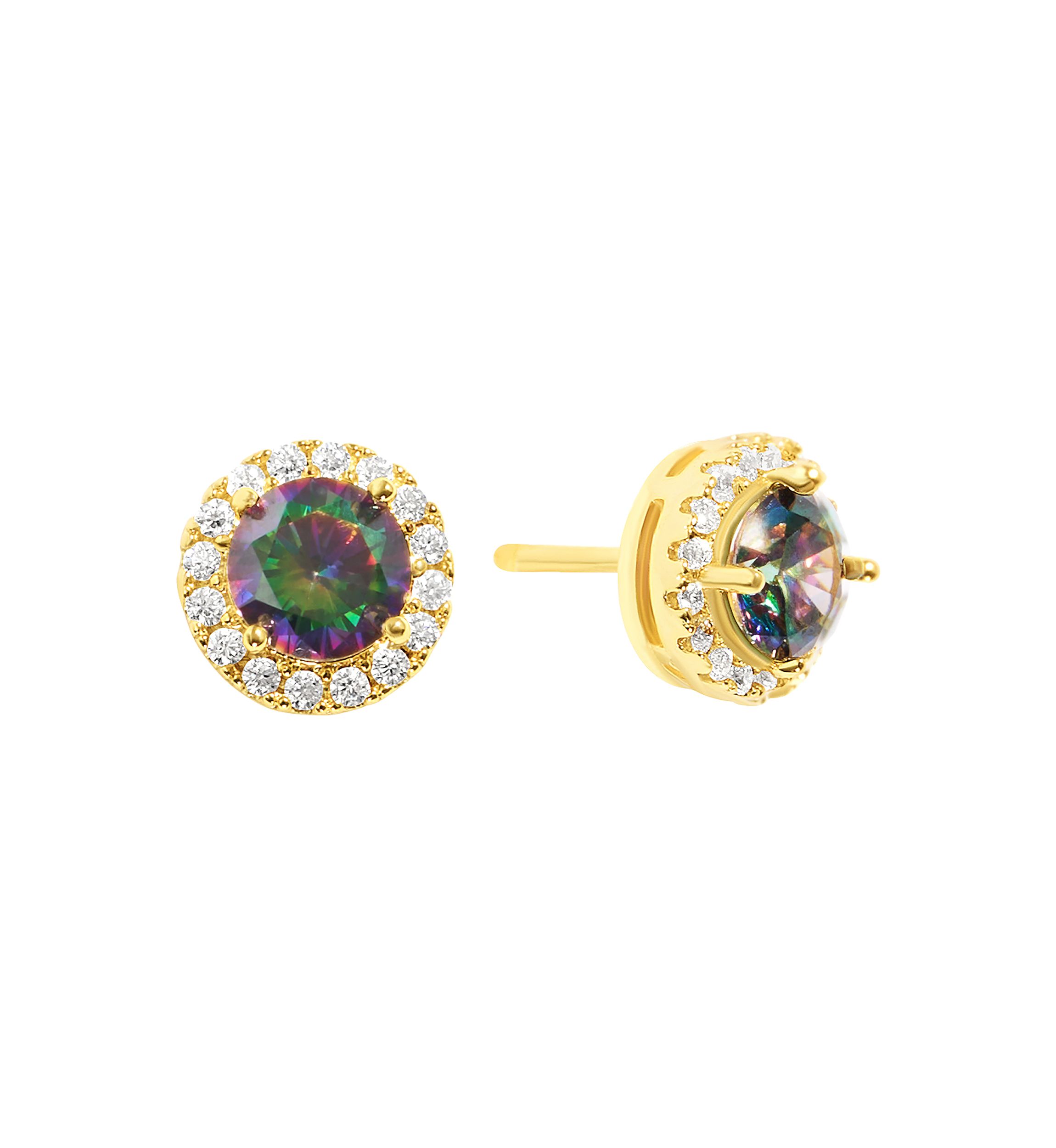 Gold Plated Mystic Cubic Zirconia Halo Round Stud Earrings
