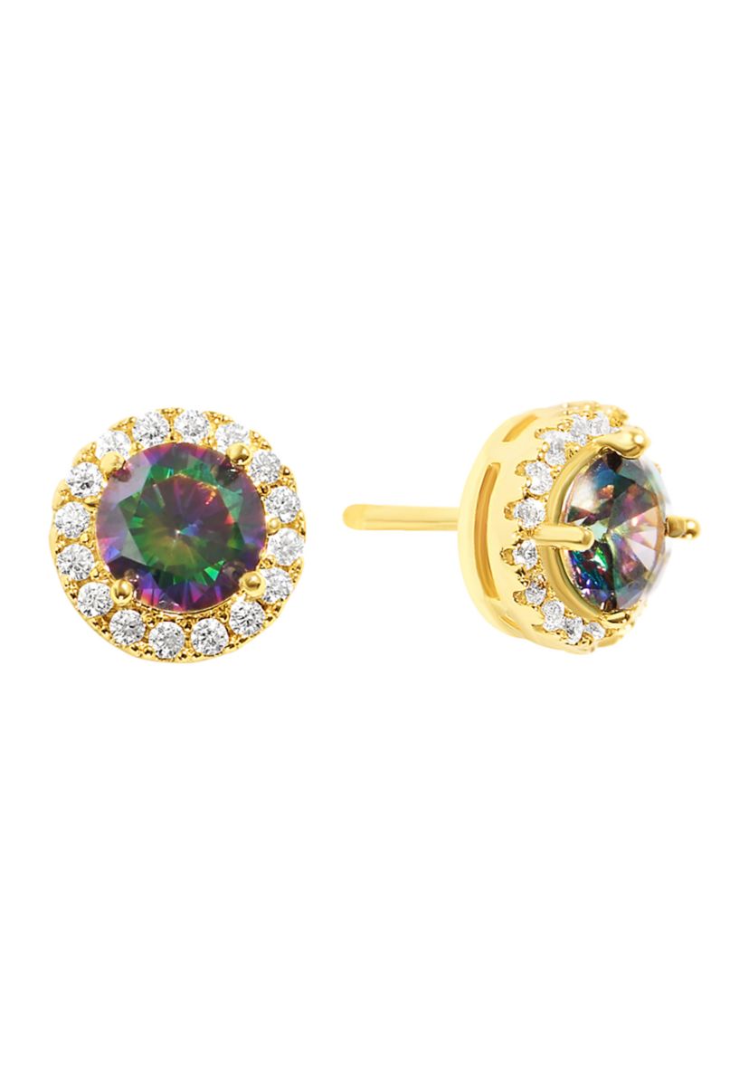 Gold Plated Mystic Cubic Zirconia Halo Round Stud Earrings