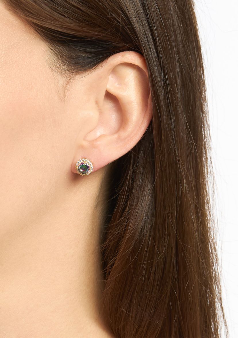 Gold Plated Mystic Cubic Zirconia Halo Round Stud Earrings