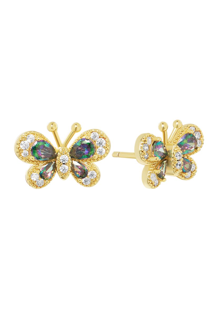Gold Plated Mystic Cubic Zirconia Halo Butterfly Stud Earrings