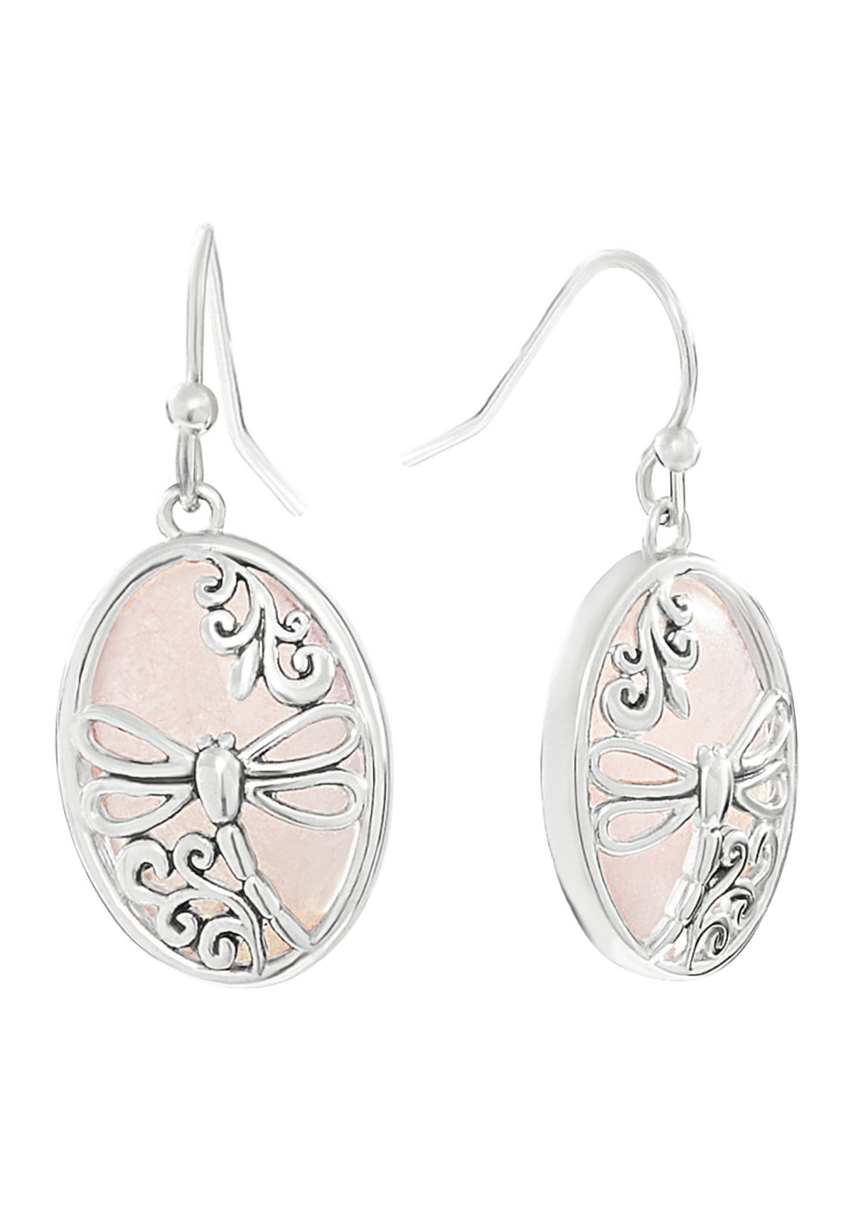 Silver Plated Rose Quartz Oval Dragonfly Drop Earrings
