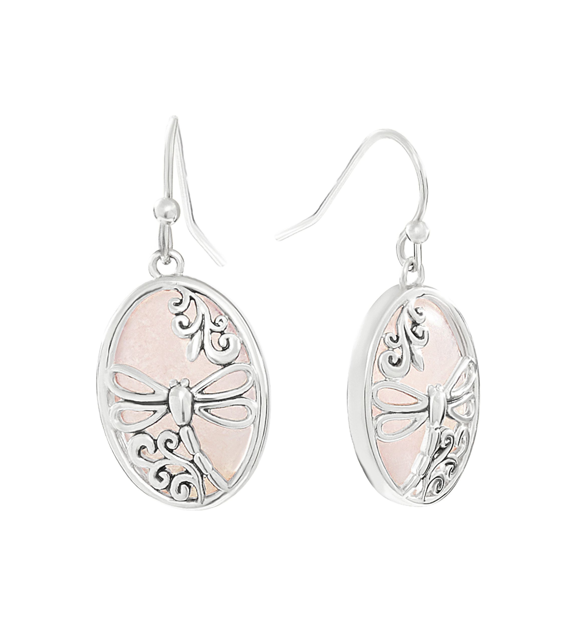 Silver Plated Rose Quartz Oval Dragonfly Drop Earrings