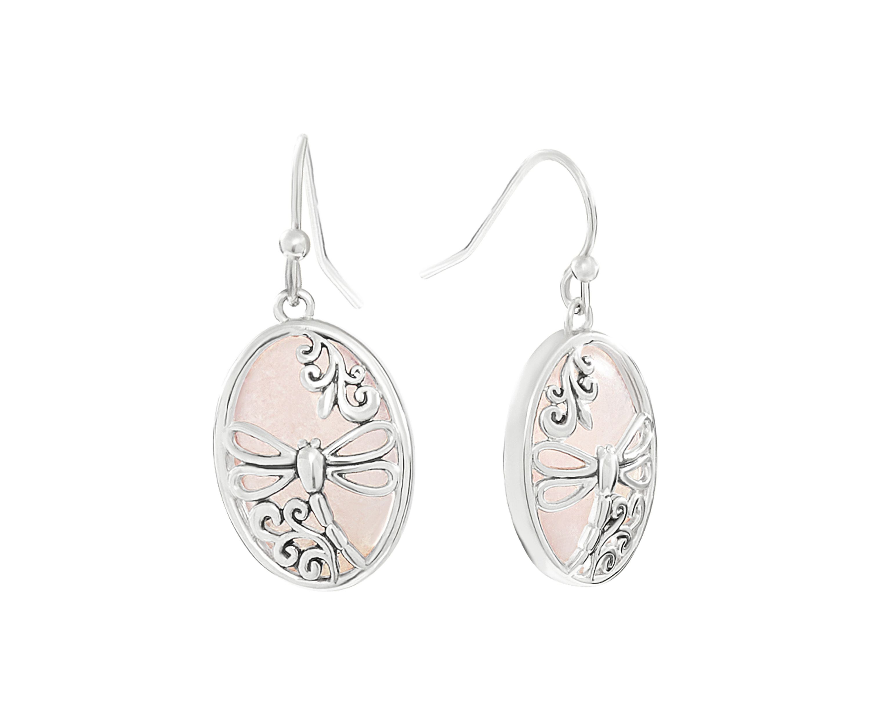 Silver Plated Rose Quartz Oval Dragonfly Drop Earrings